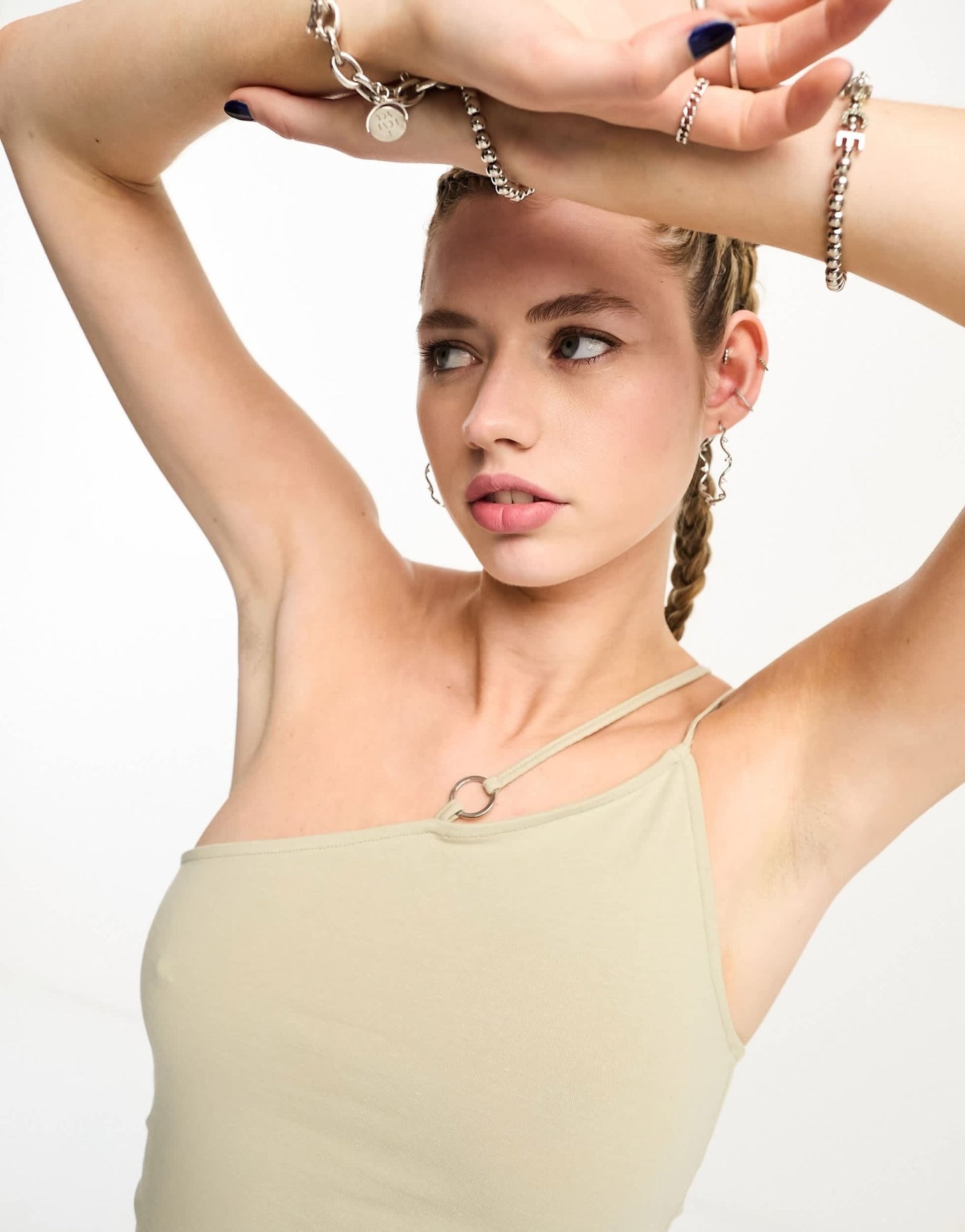 Weekday Ring asymmetric cami vest with ring detail in beige green - ASOS Sample Sale