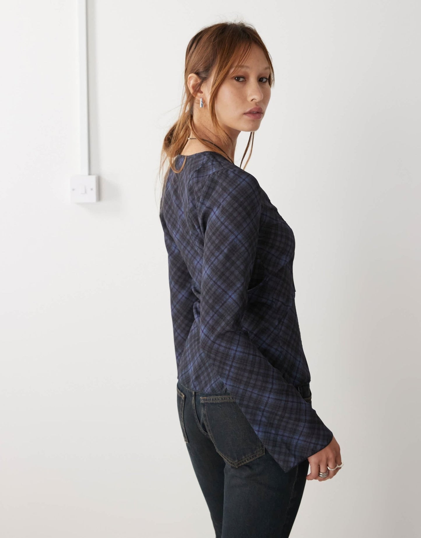 Weekday Scorpio tie front blouse with floaty sleeves in black check - ASOS Sample Sale