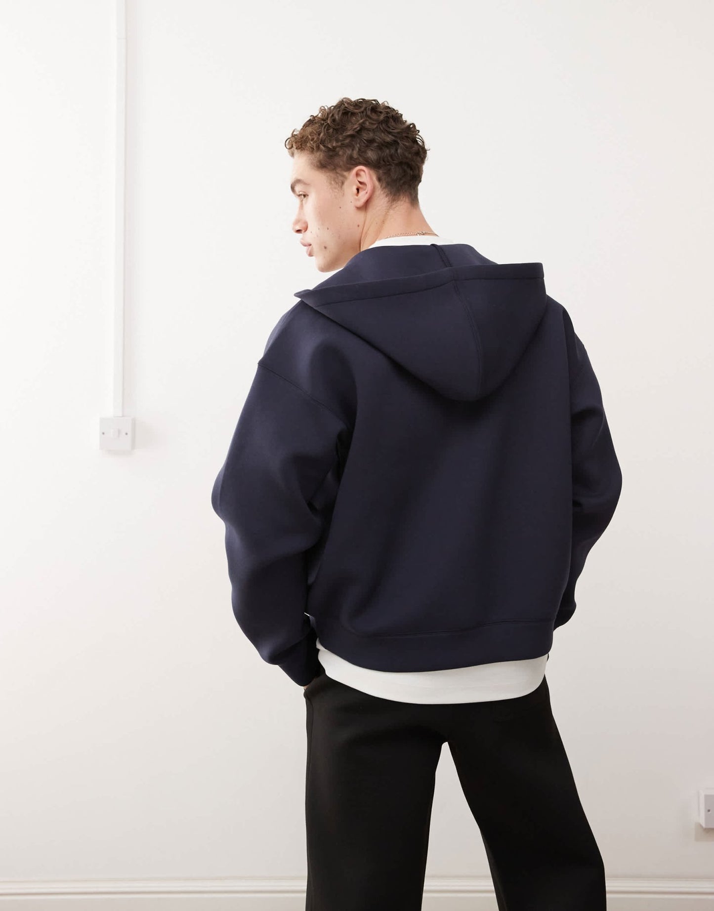 Weekday Simon zip through hoodie in navy in scuba - style fabric - ASOS Sample Sale