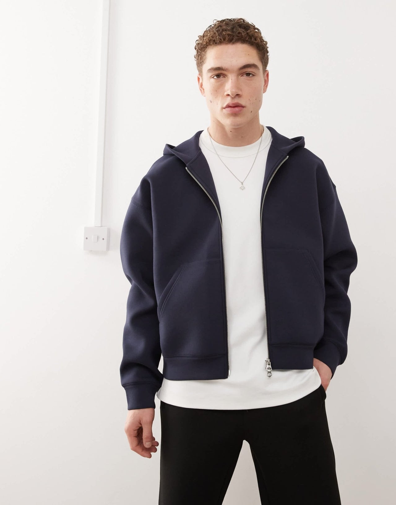 Weekday Simon zip through hoodie in navy in scuba - style fabric - ASOS Sample Sale