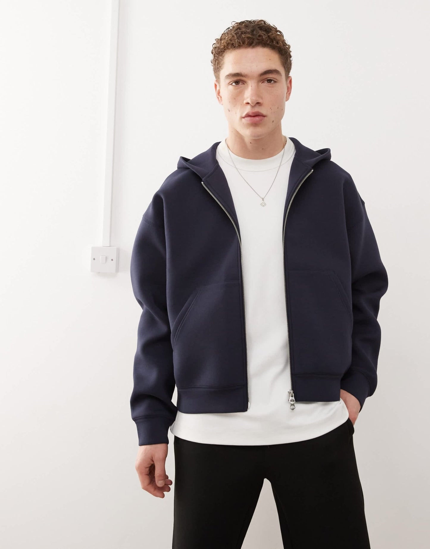 Weekday Simon zip through hoodie in navy in scuba - style fabric - ASOS Sample Sale