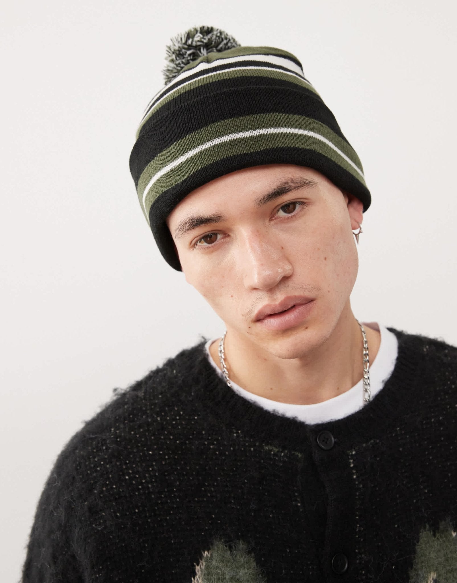 Weekday skater bobble beanie in khaki & black stripe - ASOS Sample Sale