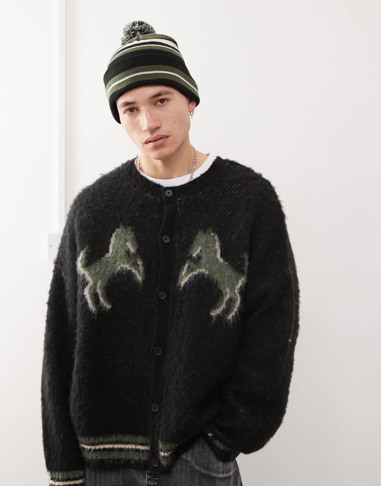 Weekday skater bobble beanie in khaki & black stripe - ASOS Sample Sale