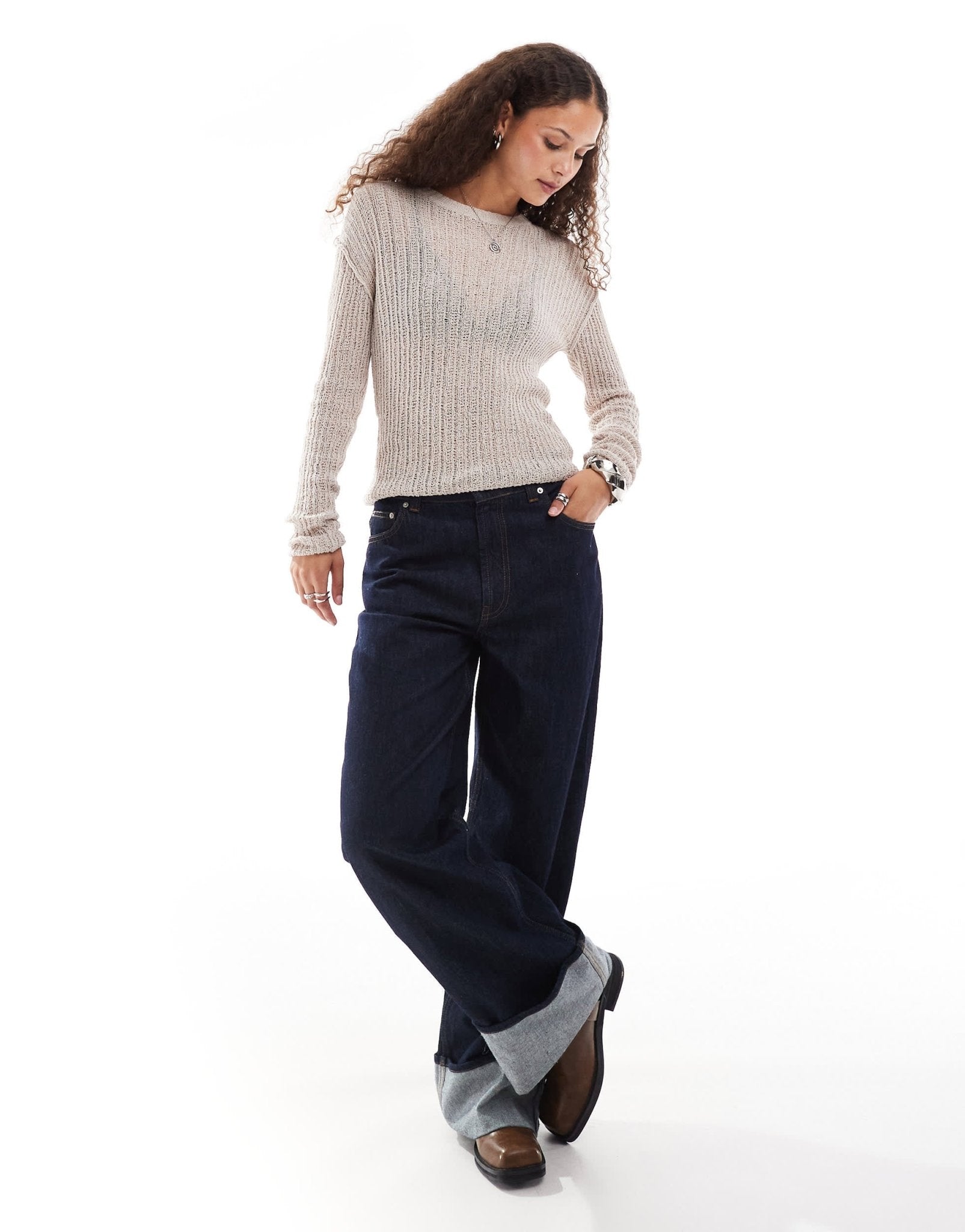 Weekday slim fit lightweight rib jumper in beige exclusive to ASOS - ASOS Sample Sale