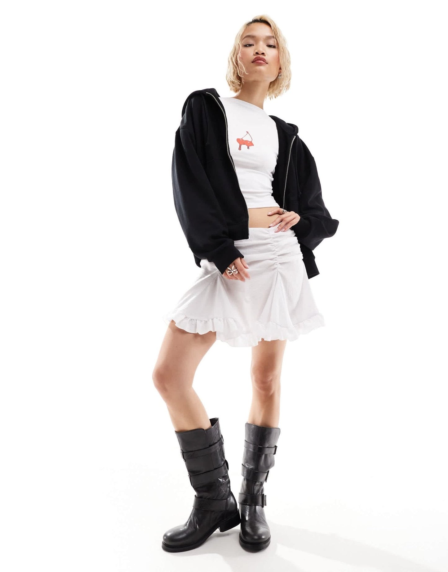 Weekday Suzi mini skirt with ruche detail and frill hem in white - ASOS Sample Sale