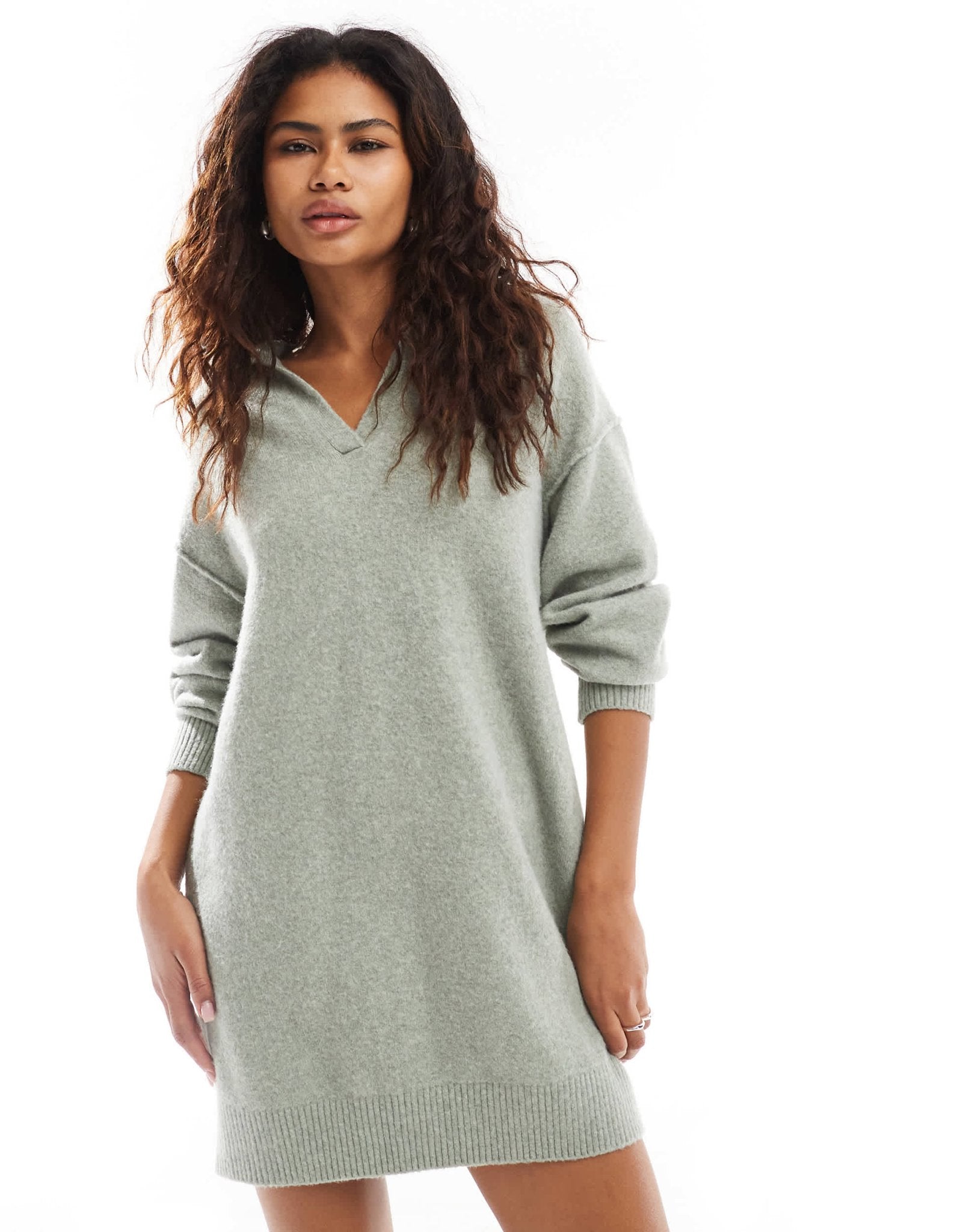 Weekday Tahlia polo collar knitted mini dress in sage green melange exclusive to ASOS - ASOS Sample Sale