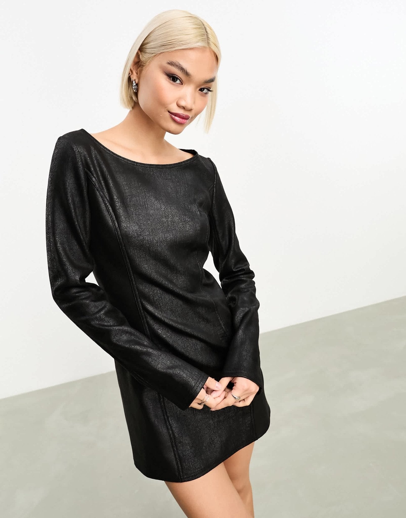 Weekday Valia faux leather long sleeve mini dress in black - ASOS Sample Sale