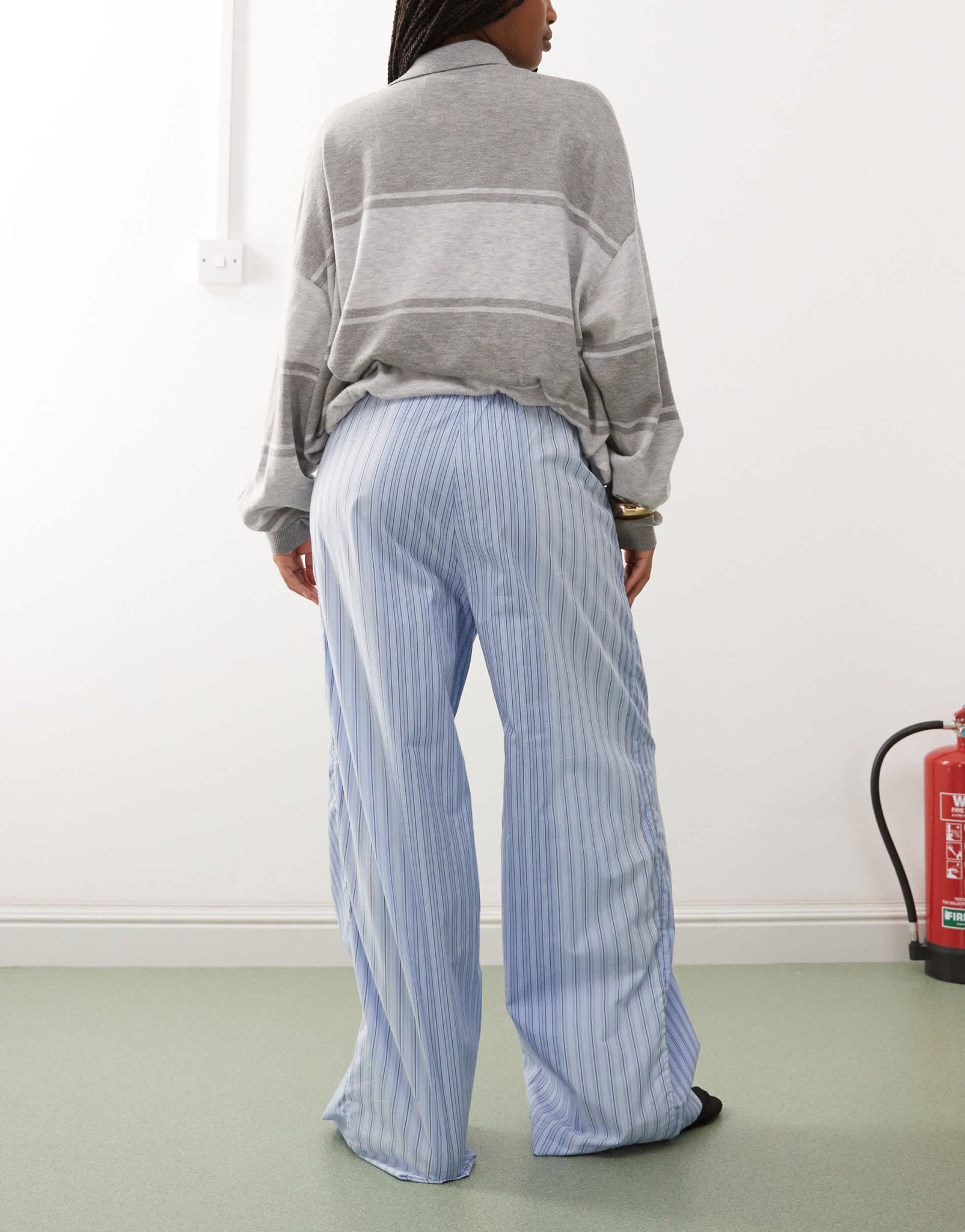 Weekday wide leg trousers in mismatched blue stripe - ASOS Sample Sale