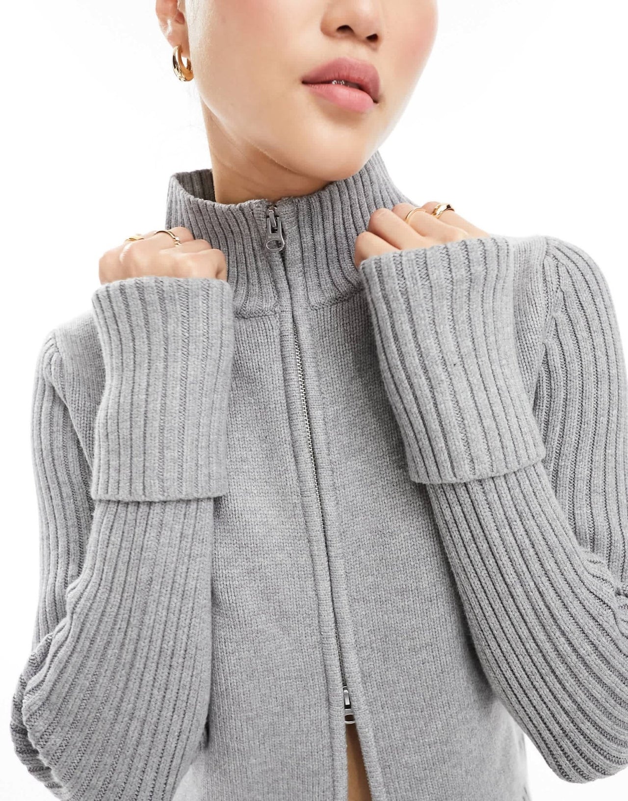 Weekday Winona high neck rib zip - through cardigan in Grey - ASOS Sample Sale