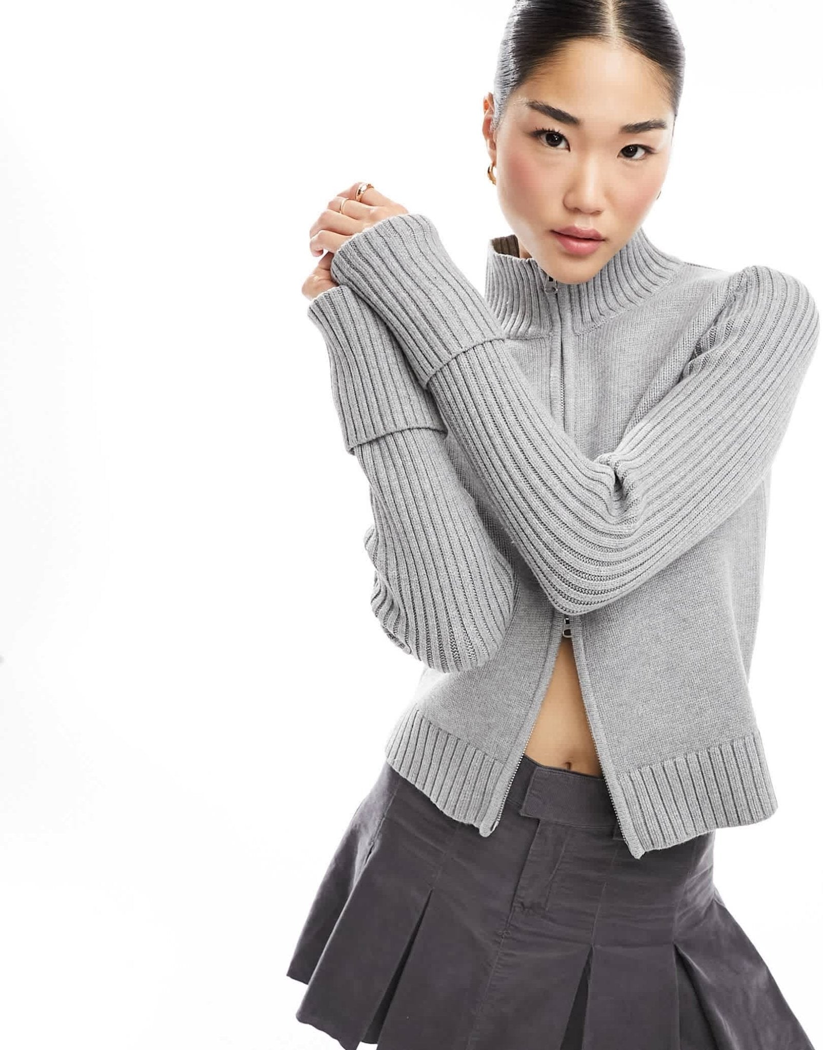 Weekday Winona high neck rib zip - through cardigan in Grey - ASOS Sample Sale