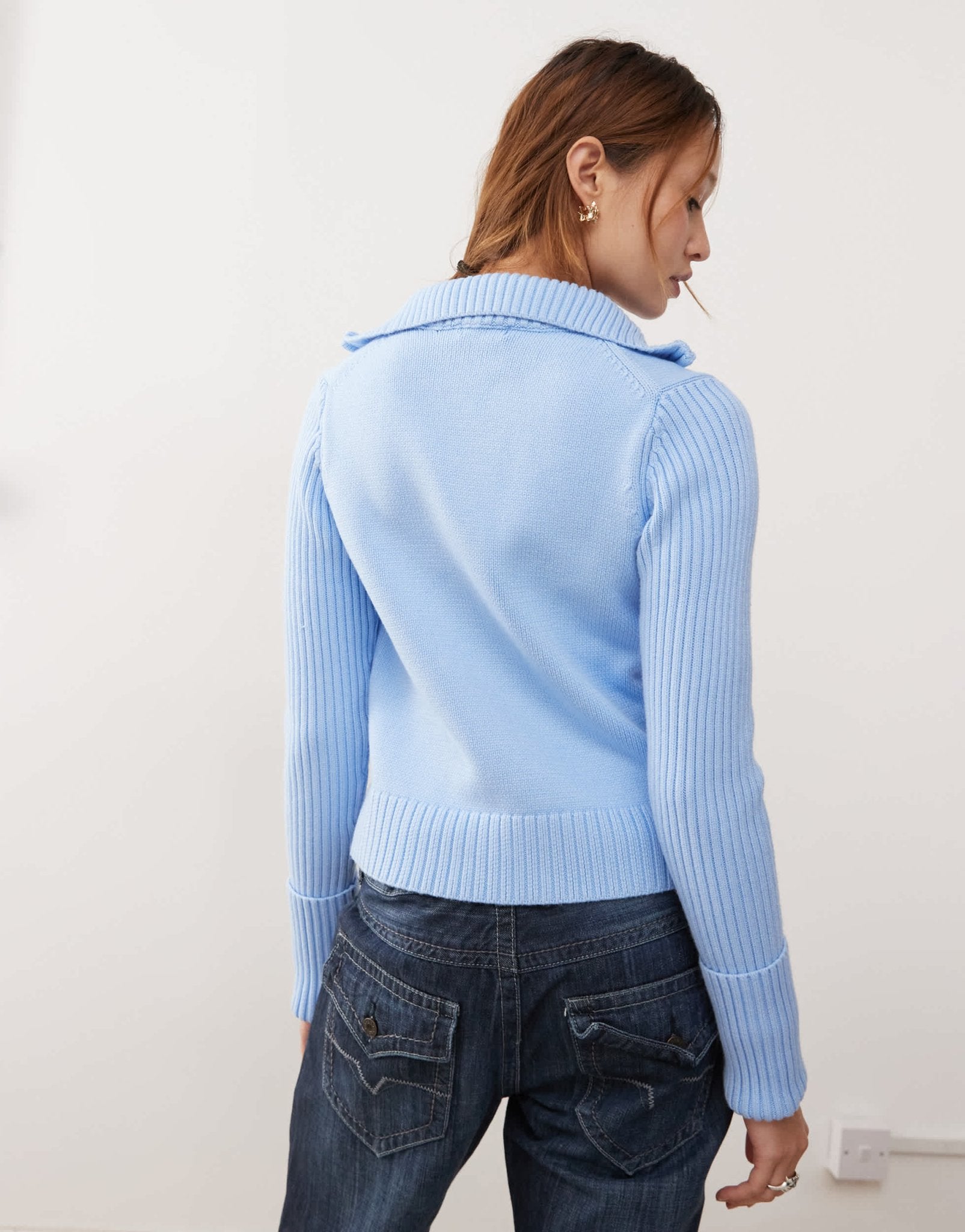 Weekday Winona high neck zip cardigan with folded cuffs in light blue - ASOS Sample Sale
