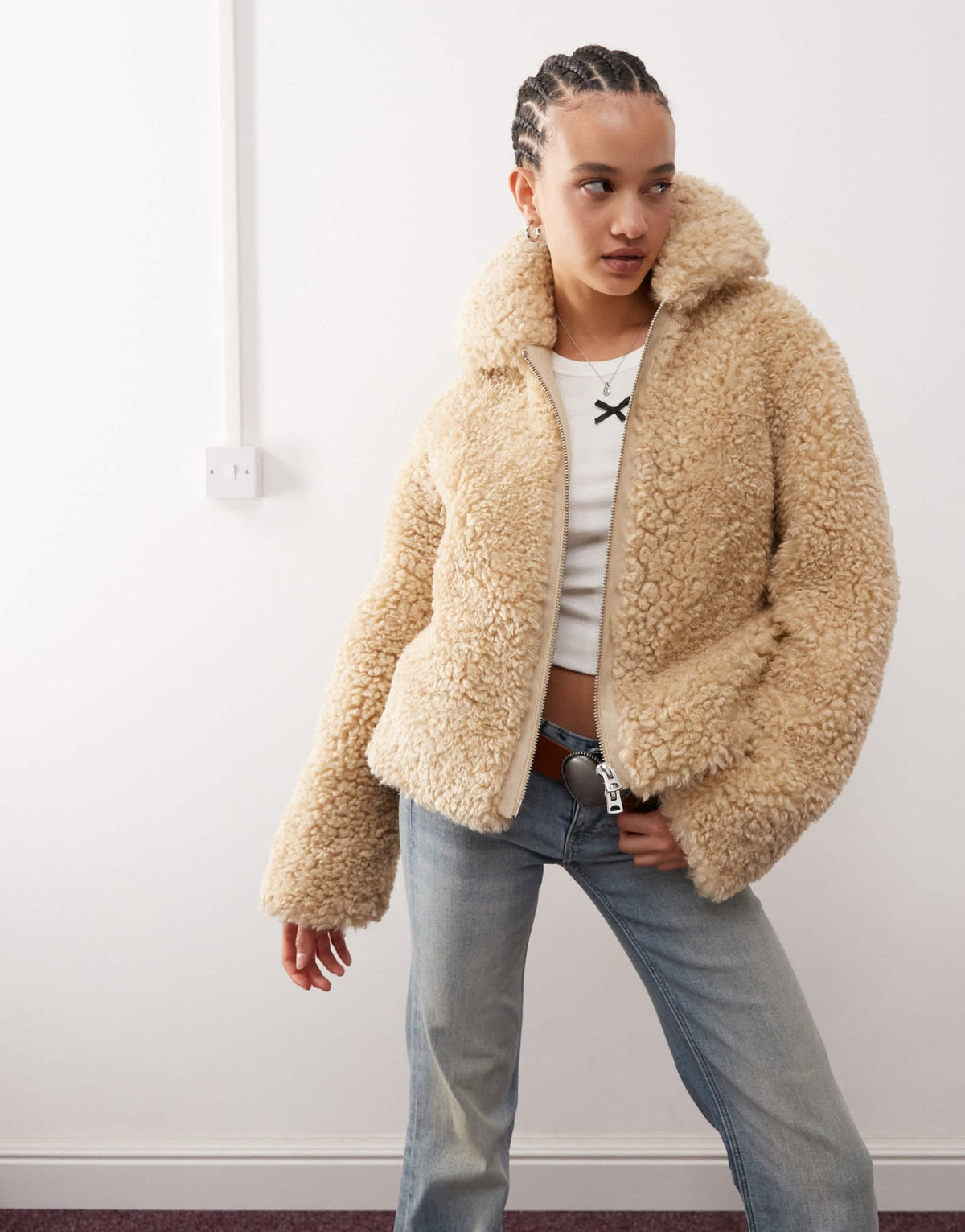 Weekday Yara faux fur jacket in beige - ASOS Sample Sale