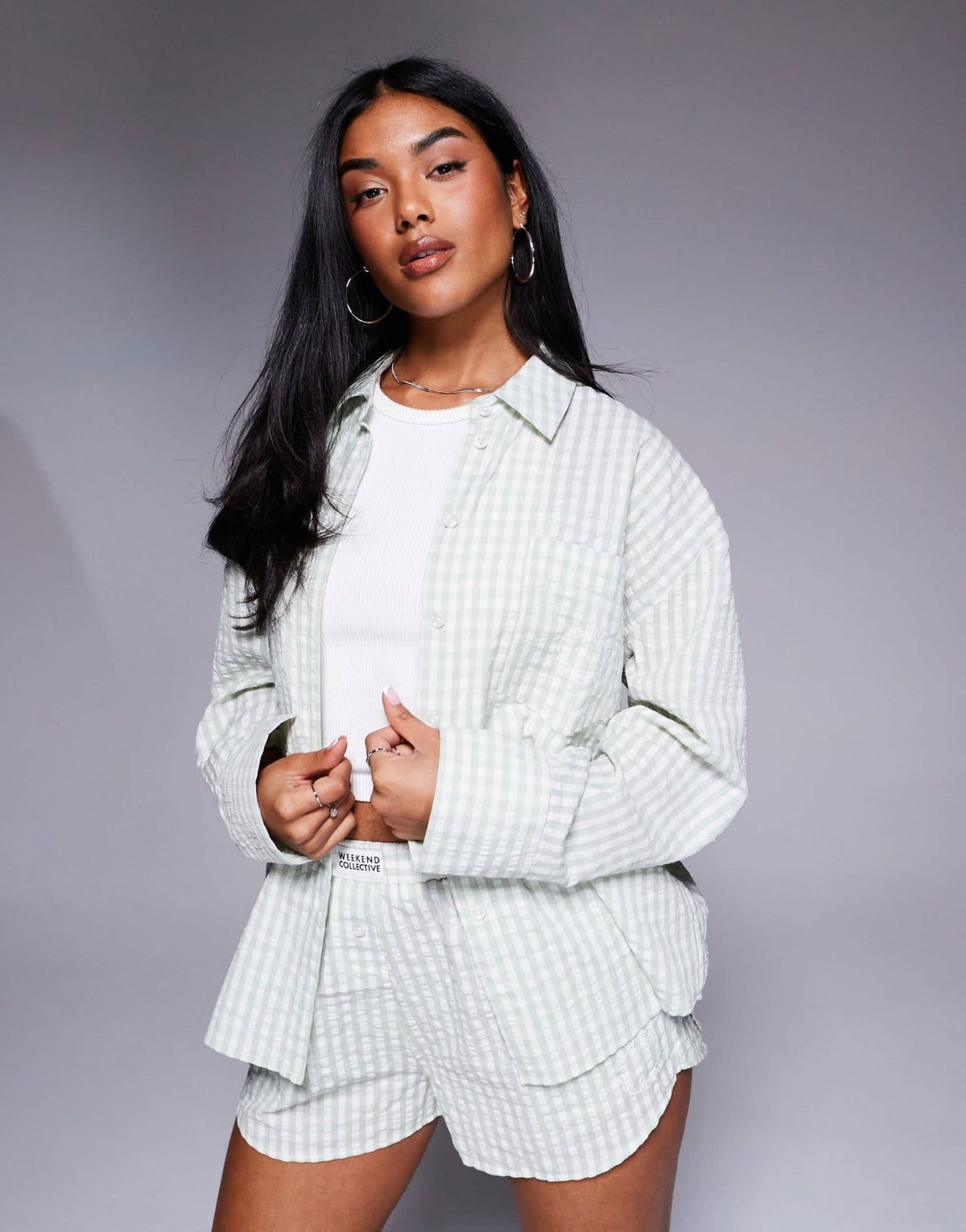 Weekend Collective co-ord gingham woven shirt in pastel green - ASOS Sample Sale