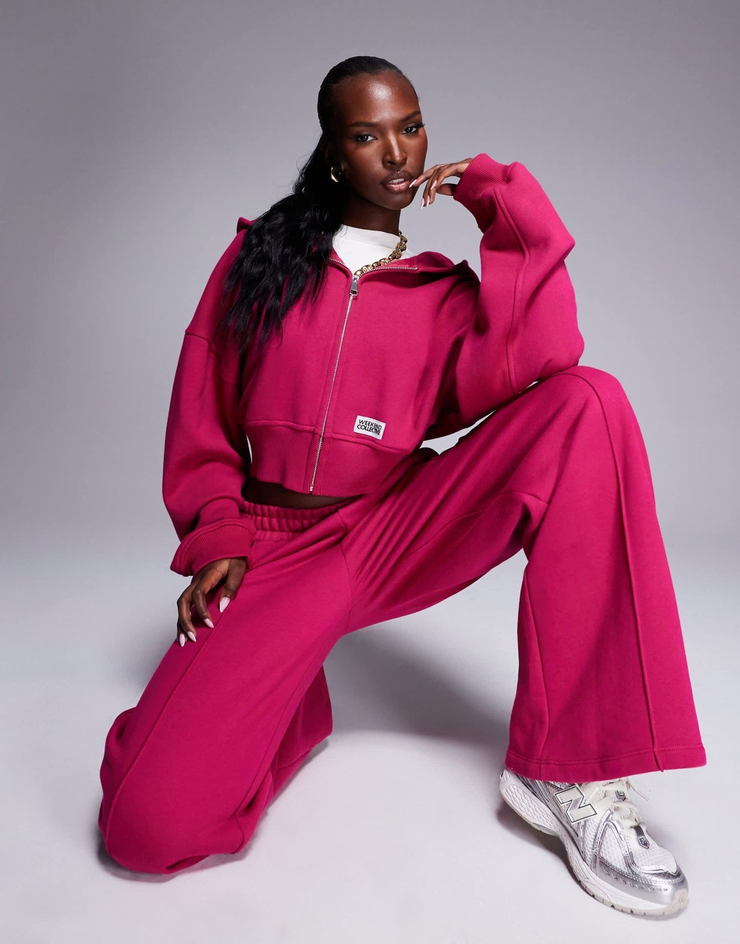 Weekend Collective co - ord heavyweight zip through hoodie with woven label in burgundy pink - ASOS Sample Sale