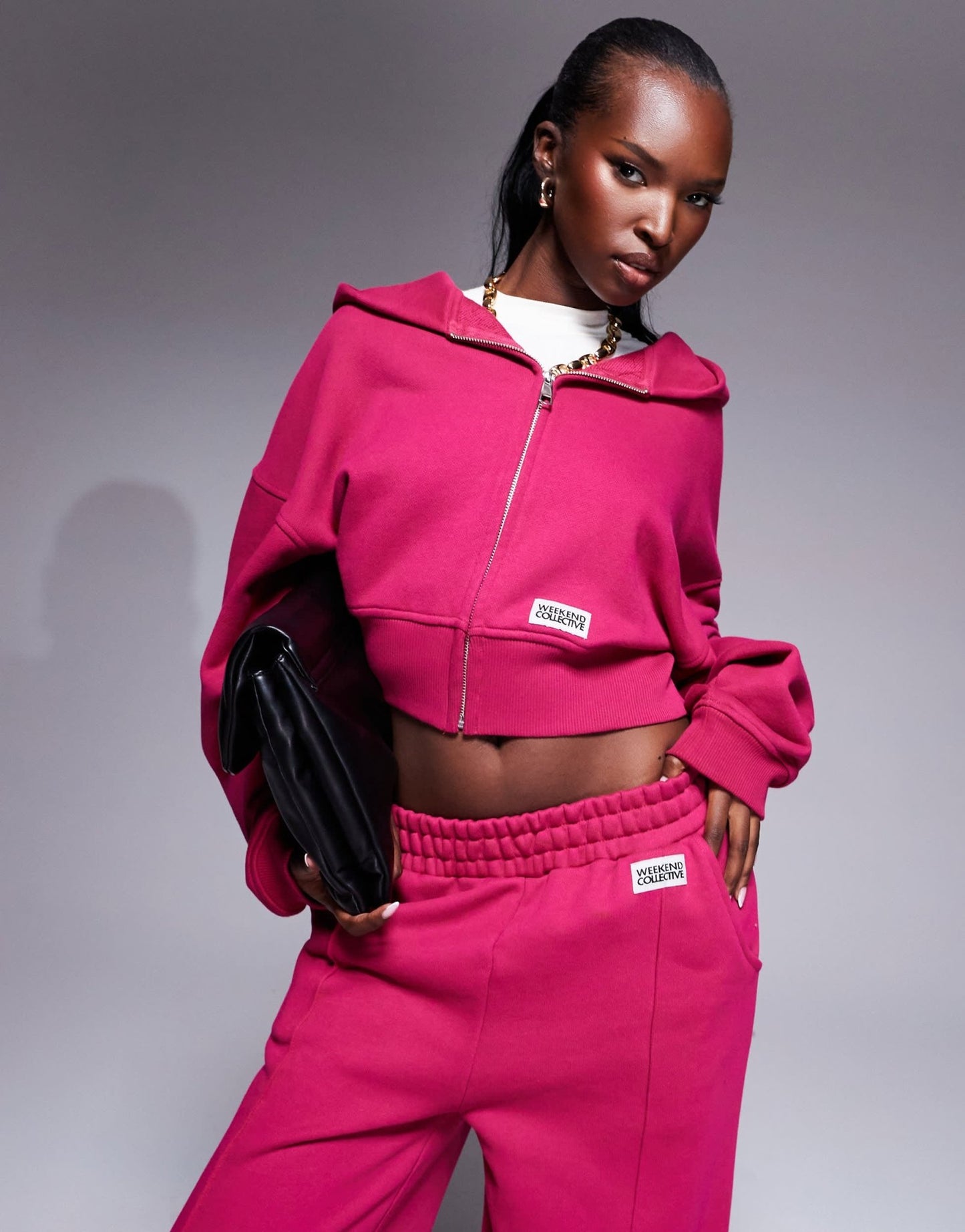Weekend Collective co - ord heavyweight zip through hoodie with woven label in burgundy pink - ASOS Sample Sale