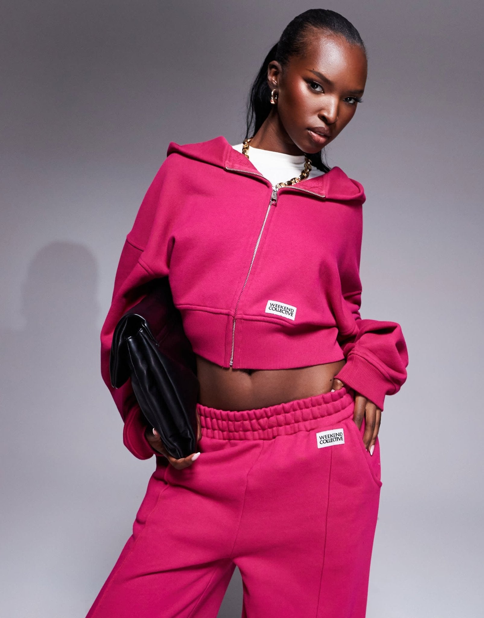 Weekend Collective co - ord heavyweight zip through hoodie with woven label in burgundy pink - ASOS Sample Sale