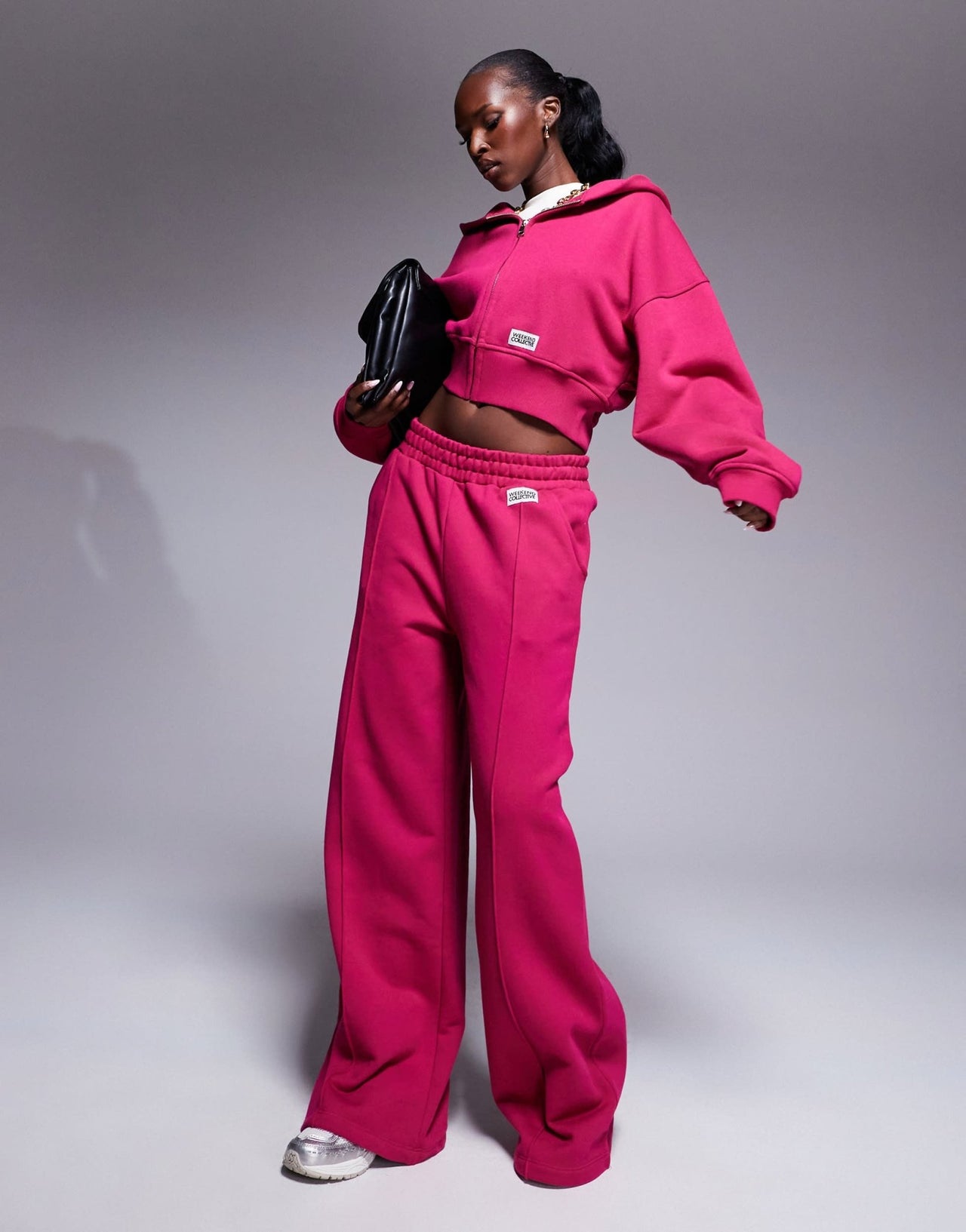 Weekend Collective co - ord heavyweight zip through hoodie with woven label in burgundy pink - ASOS Sample Sale