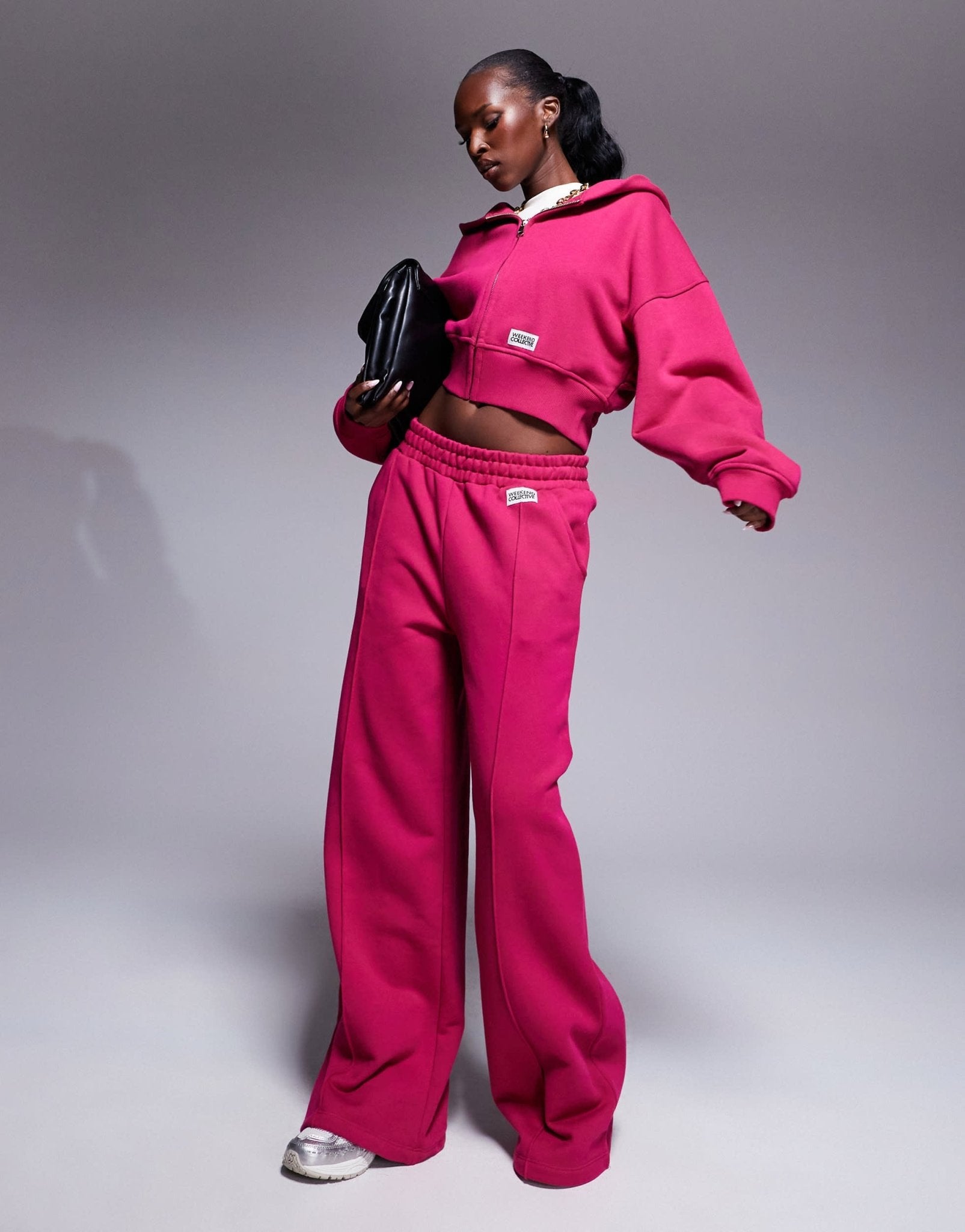 Weekend Collective co - ord heavyweight zip through hoodie with woven label in burgundy pink - ASOS Sample Sale