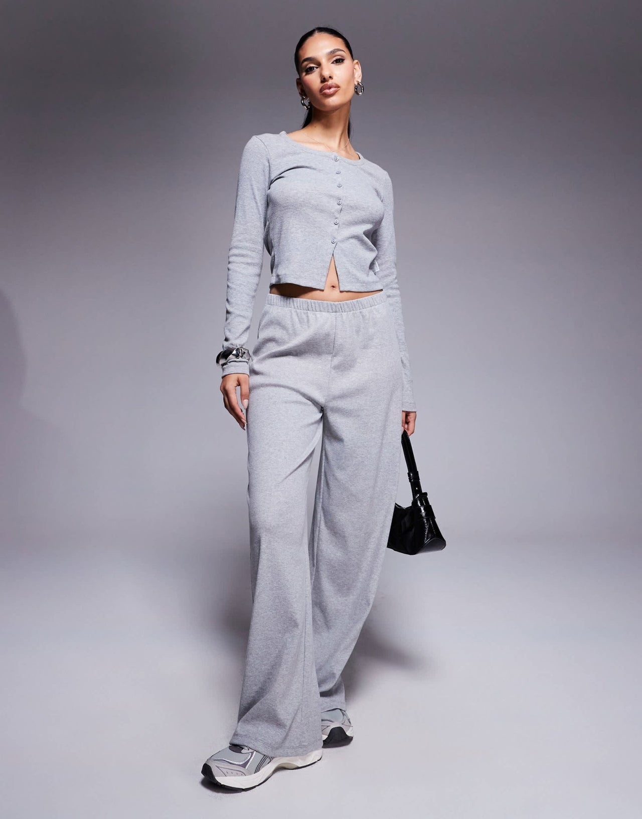 Weekend Collective co - ord ribbed button long sleeve top in grey - ASOS Sample Sale