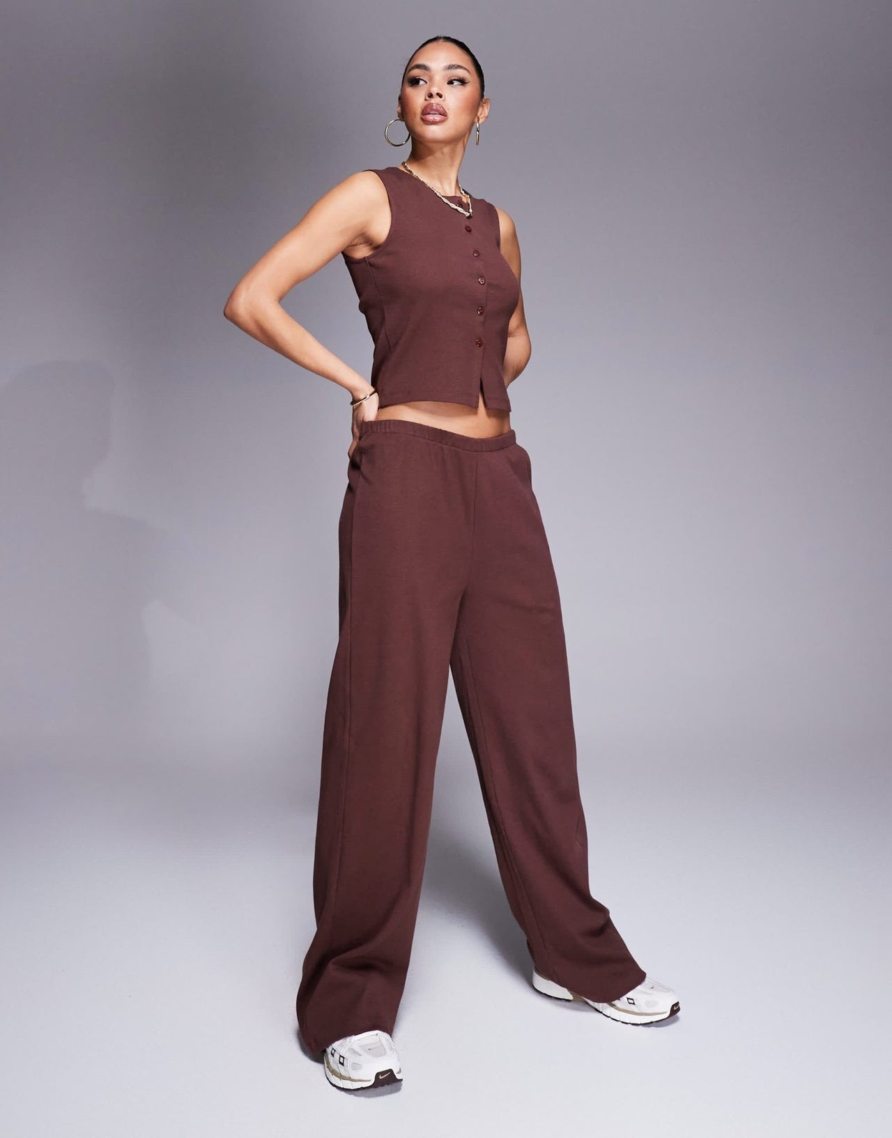 Weekend Collective co - ord ribbed sleeveless button top in chocolate - ASOS Sample Sale