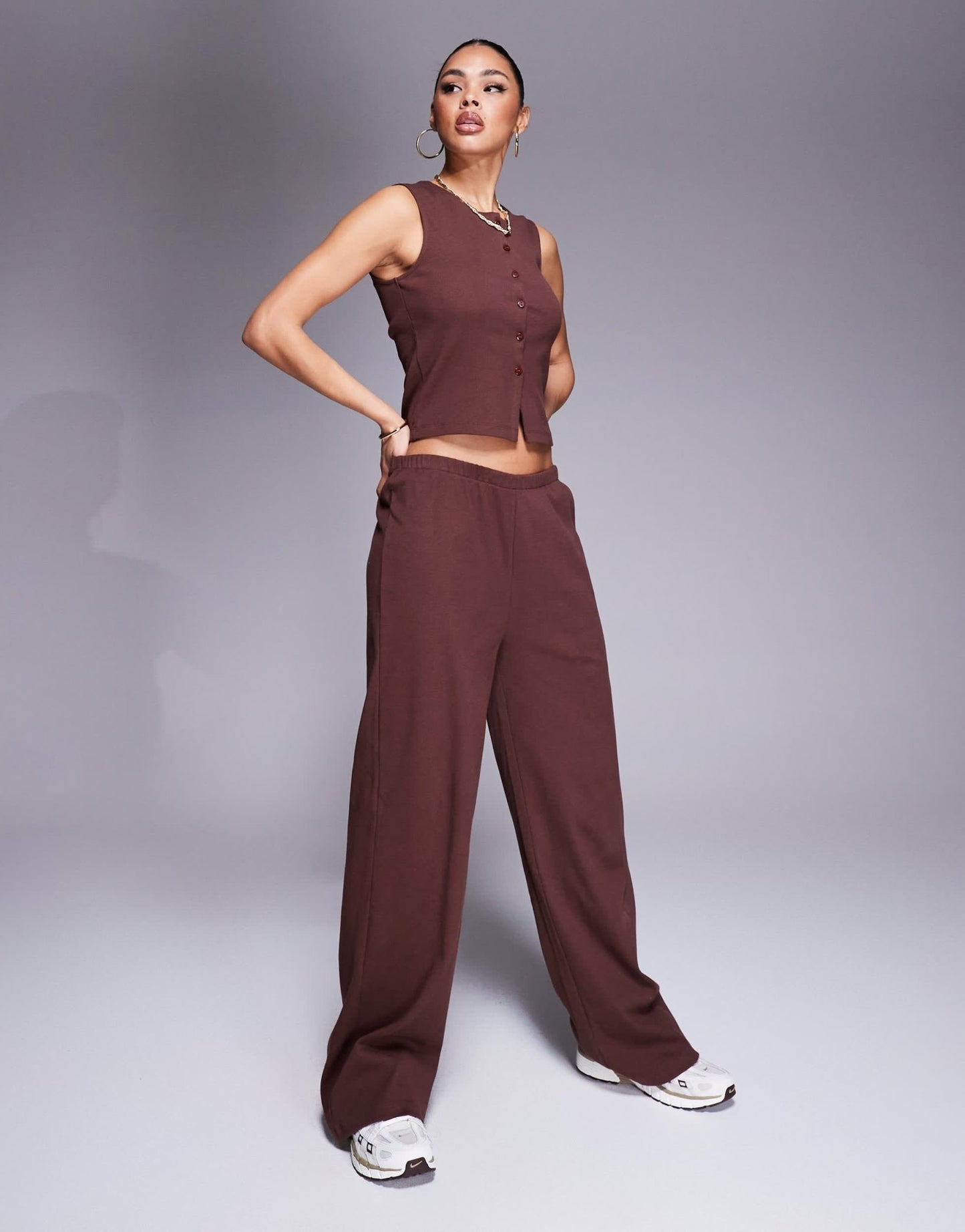 Weekend Collective co - ord ribbed sleeveless button top in chocolate - ASOS Sample Sale