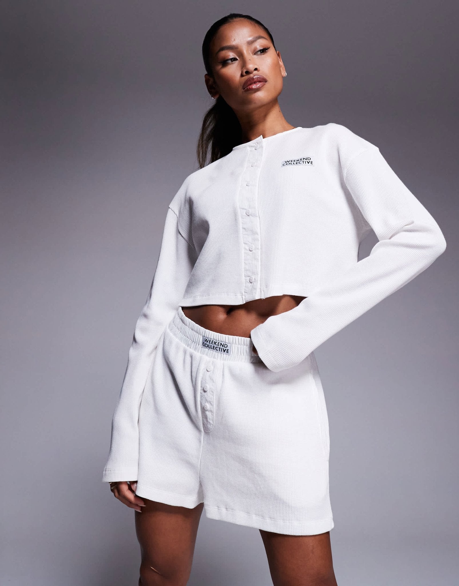 Weekend Collective co-ord waffle shorts with nylon in coconut milk - ASOS Sample Sale