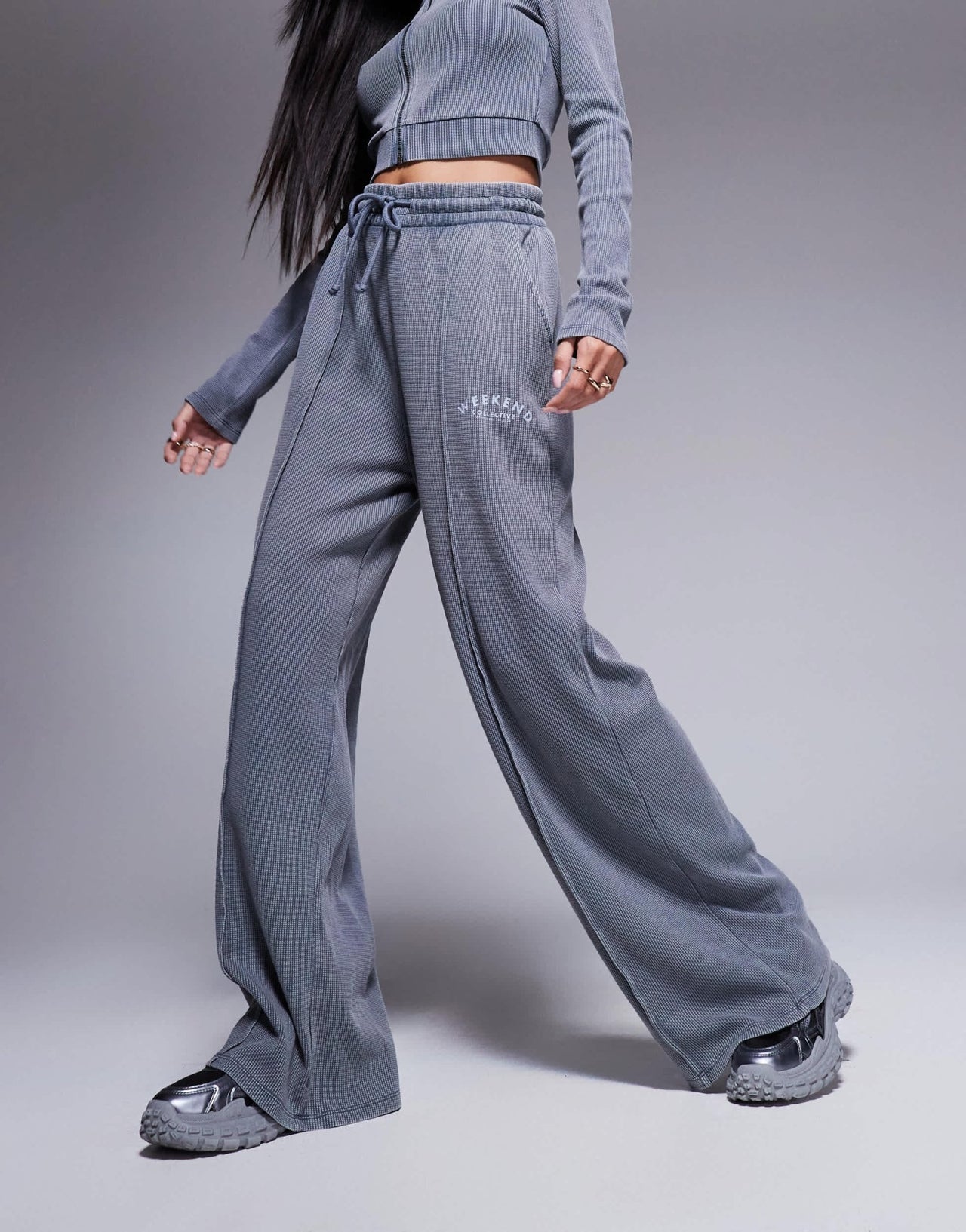 Weekend Collective co-ord waffle wide leg jogger with logo in acid washed grey - ASOS Sample Sale
