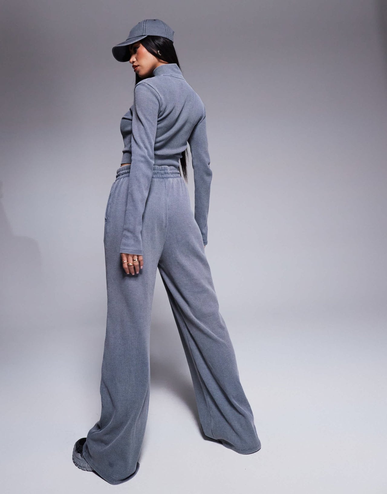 Weekend Collective co-ord waffle wide leg jogger with logo in acid washed grey - ASOS Sample Sale