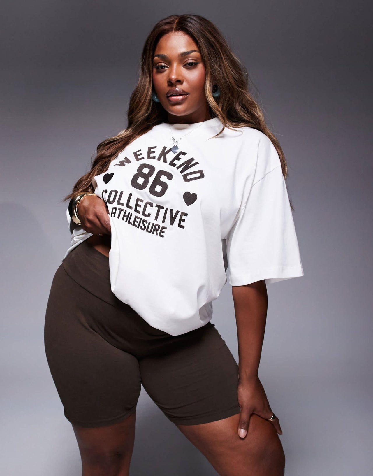 Weekend Collective Curve co-ord legging short with heart graphic in chocolate - ASOS Sample Sale