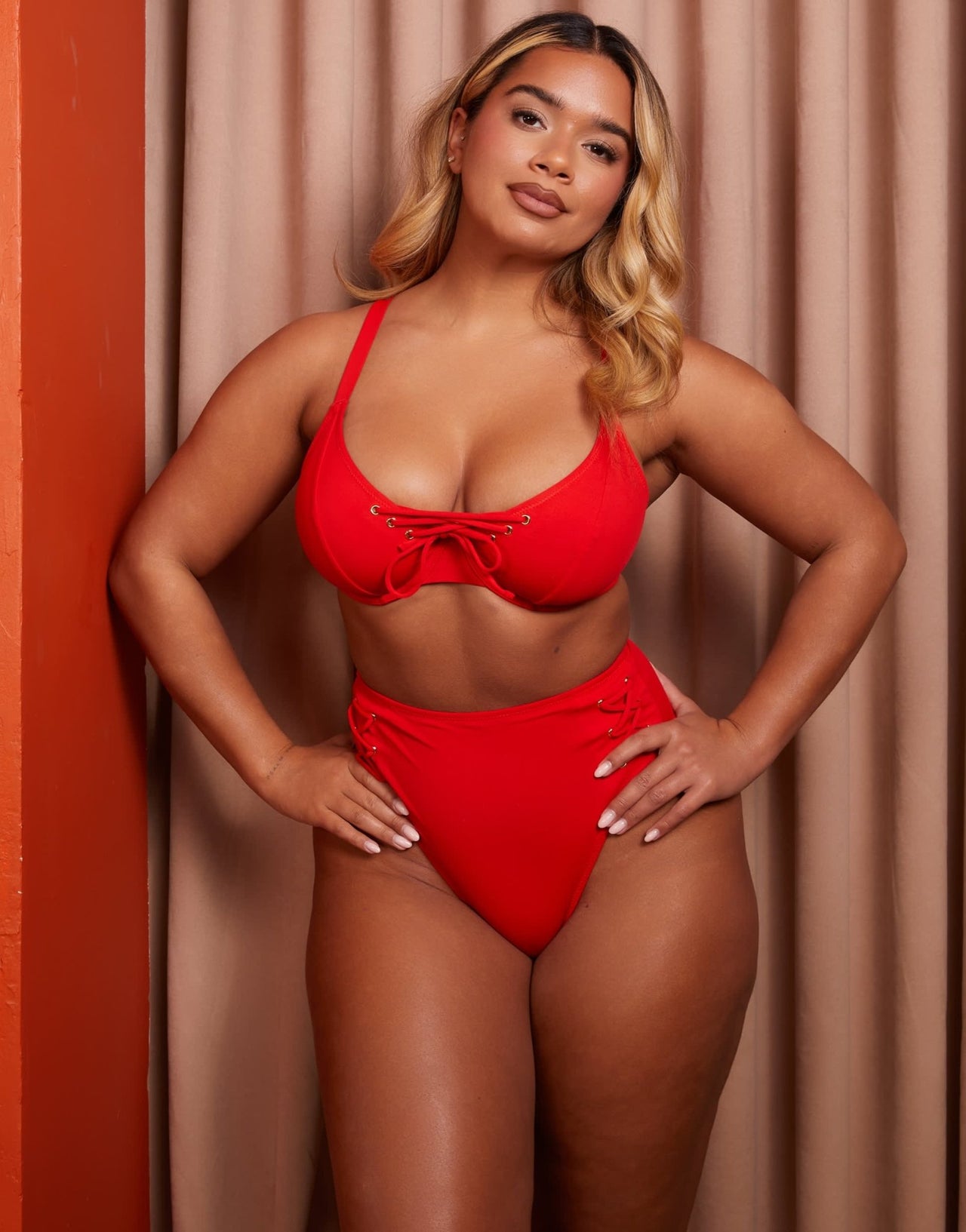 Wolf & Whistle X Natalie Gessey Fuller Bust high waist bikini bottom in red with tie detail - ASOS Sample Sale