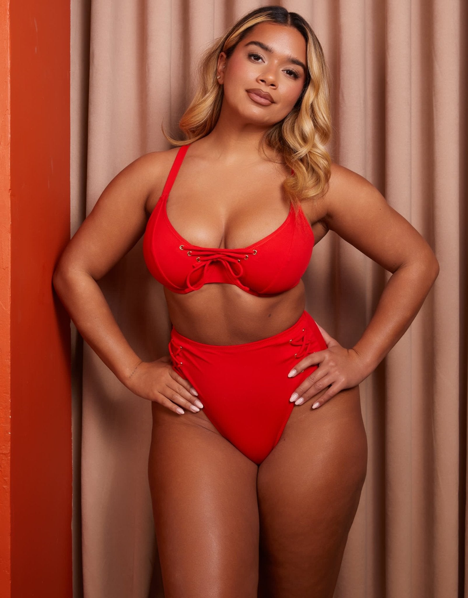 Wolf & Whistle X Natalie Gessey Fuller Bust high waist bikini bottom in red with tie detail - ASOS Sample Sale