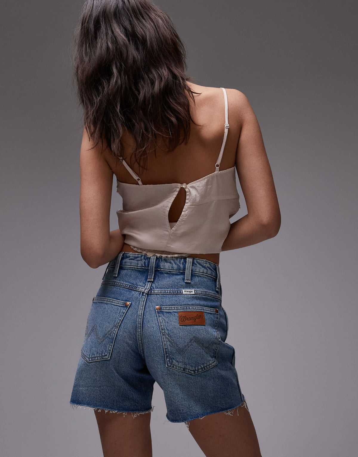Wrangler 5inch cowboy shorts with distressed hem in mid wash blue - ASOS Sample Sale