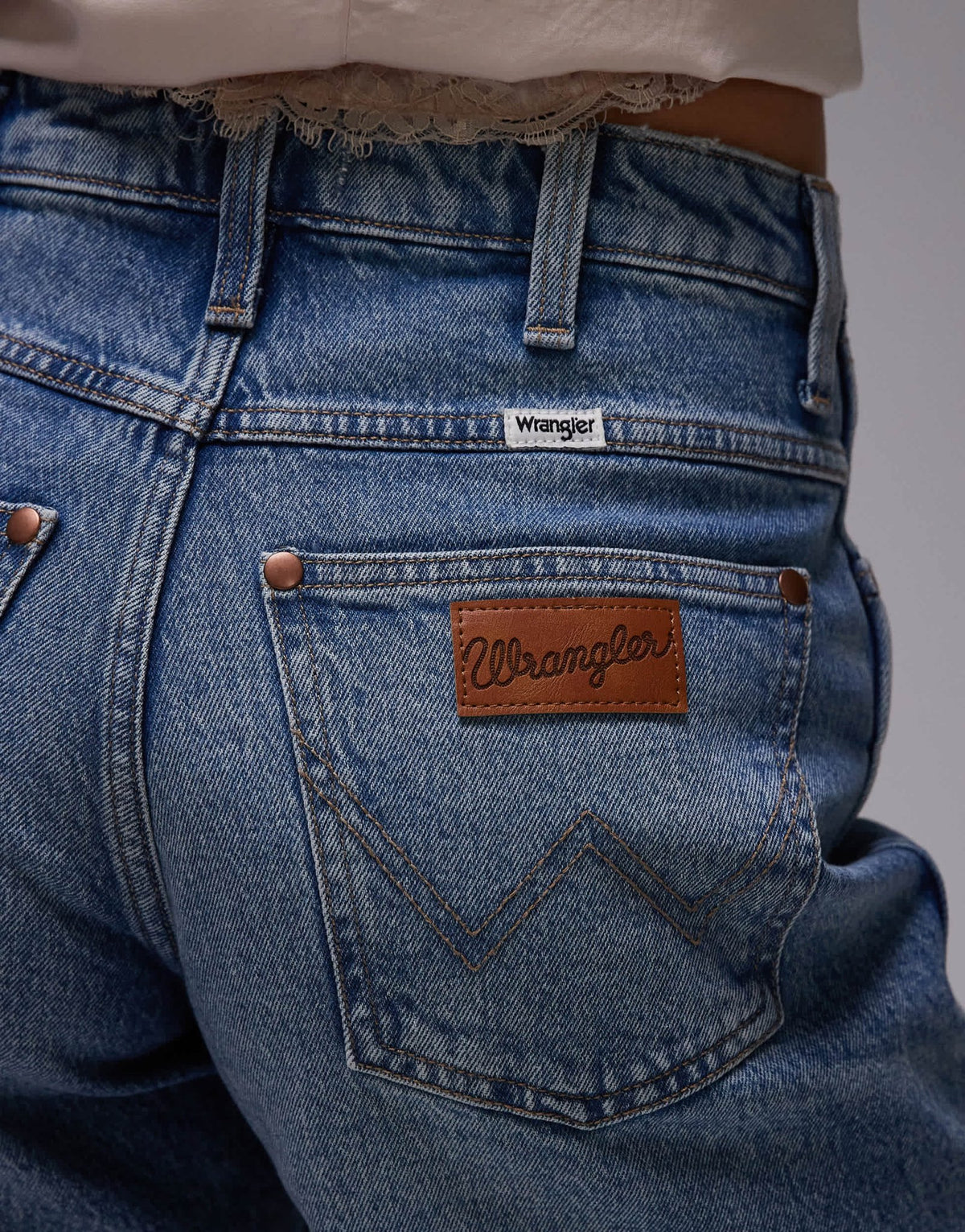 Wrangler 5inch cowboy shorts with distressed hem in mid wash blue - ASOS Sample Sale