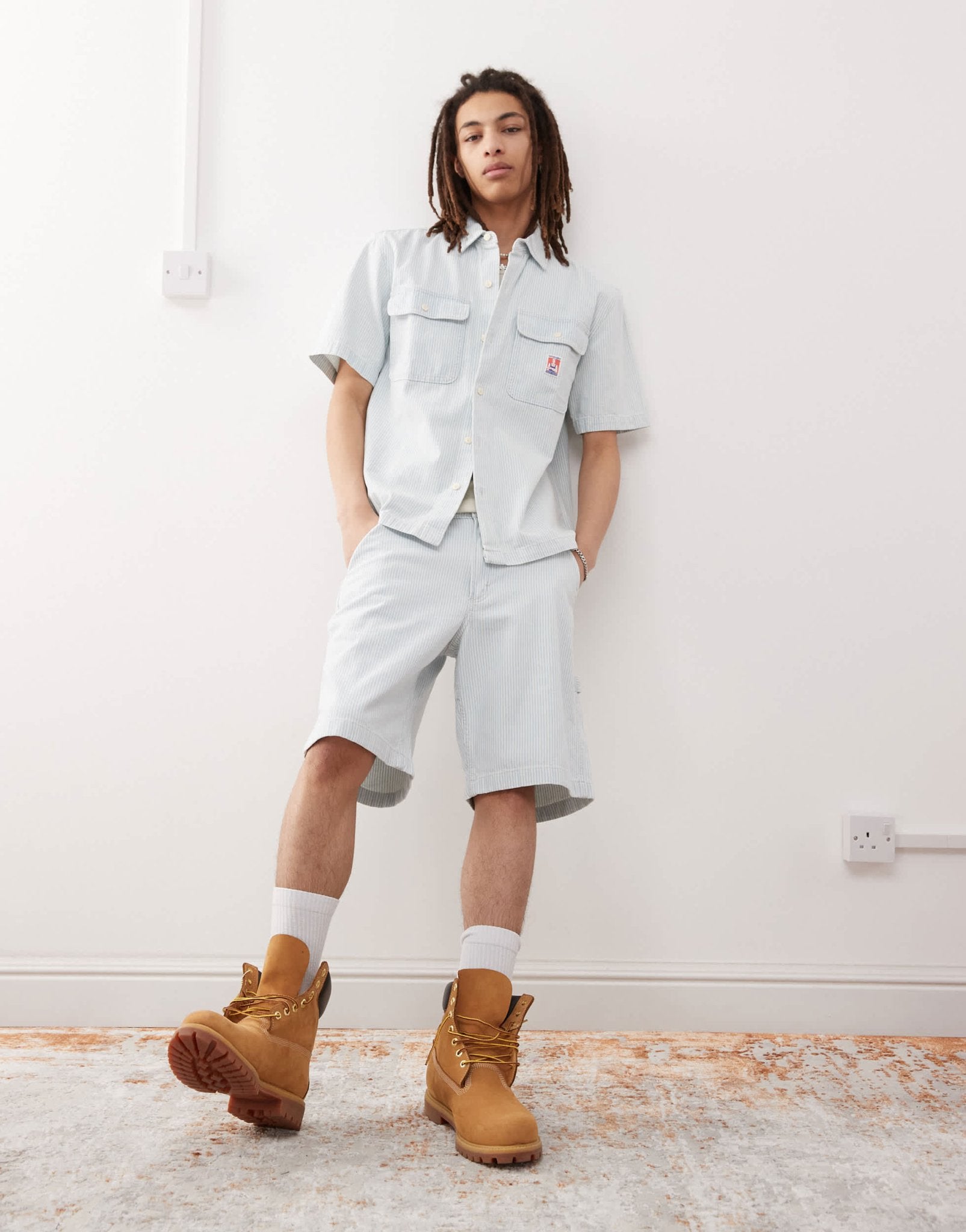 Wrangler Casey Jones workwear carpenter railroad stripe denim shorts in light wash CO - ORD - ASOS Sample Sale