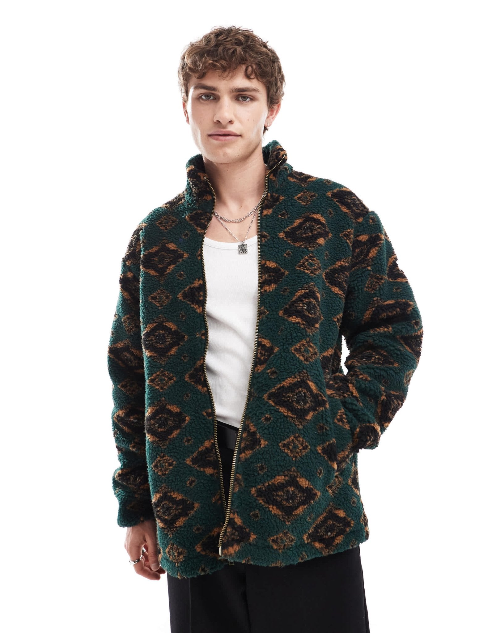 Wrangler diamond print borg sherpa jacket in dark green - ASOS Sample Sale