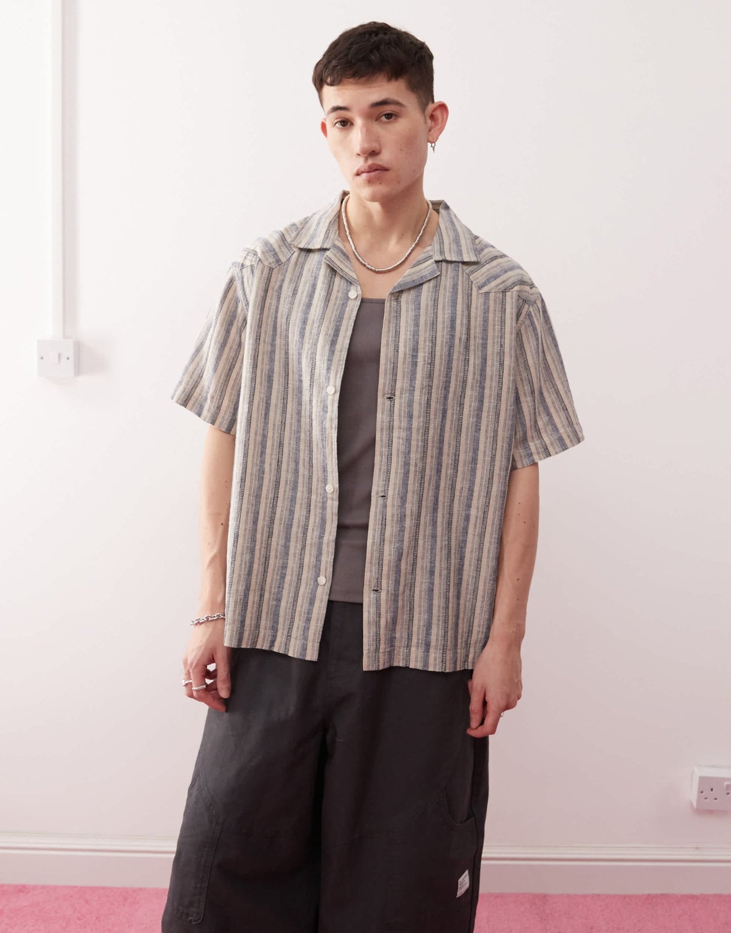 Wrangler resort stripe linen cotton mix relaxed dobby shirt in indigo blue - ASOS Sample Sale