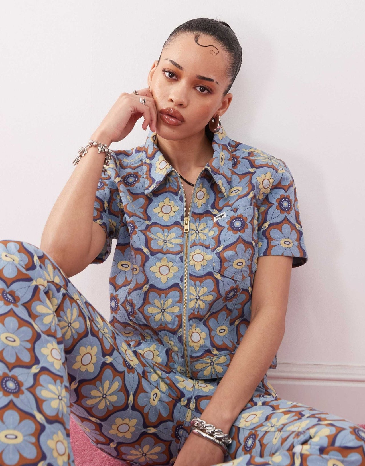 Wrangler zip front top in blue 70s print - ASOS Sample Sale