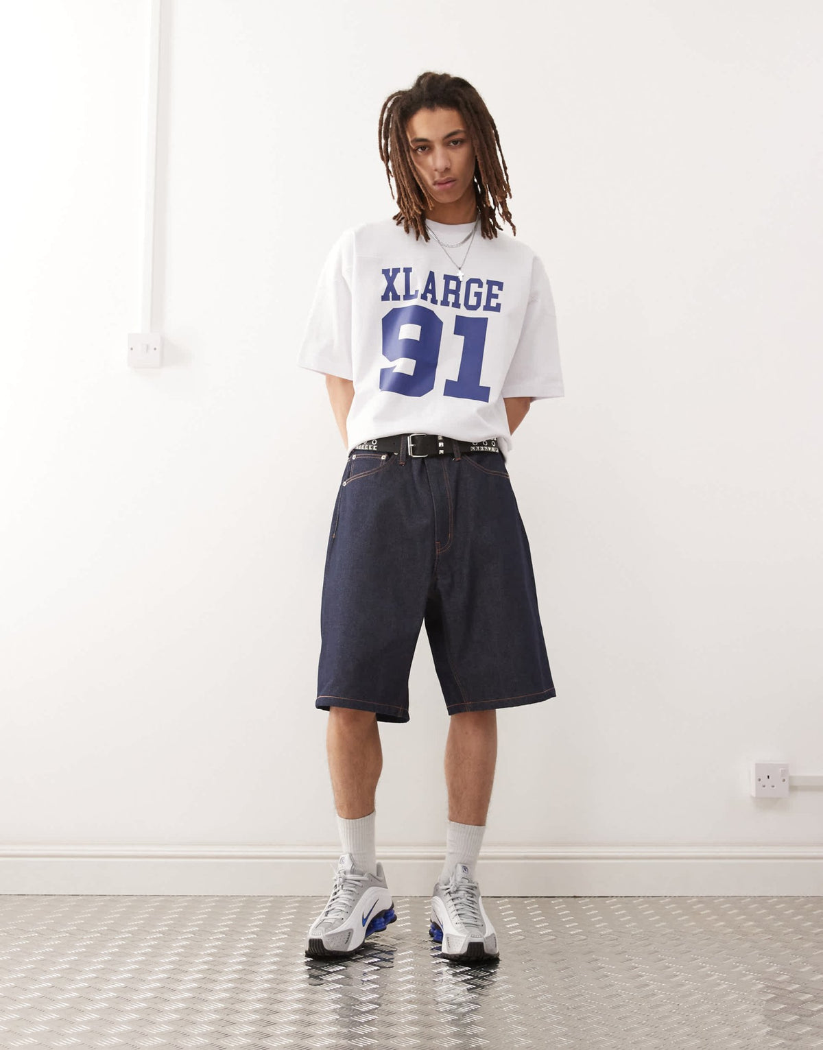 XLARGE baggy jorts with back pocket OG logo embroidery in rinse - ASOS Sample Sale