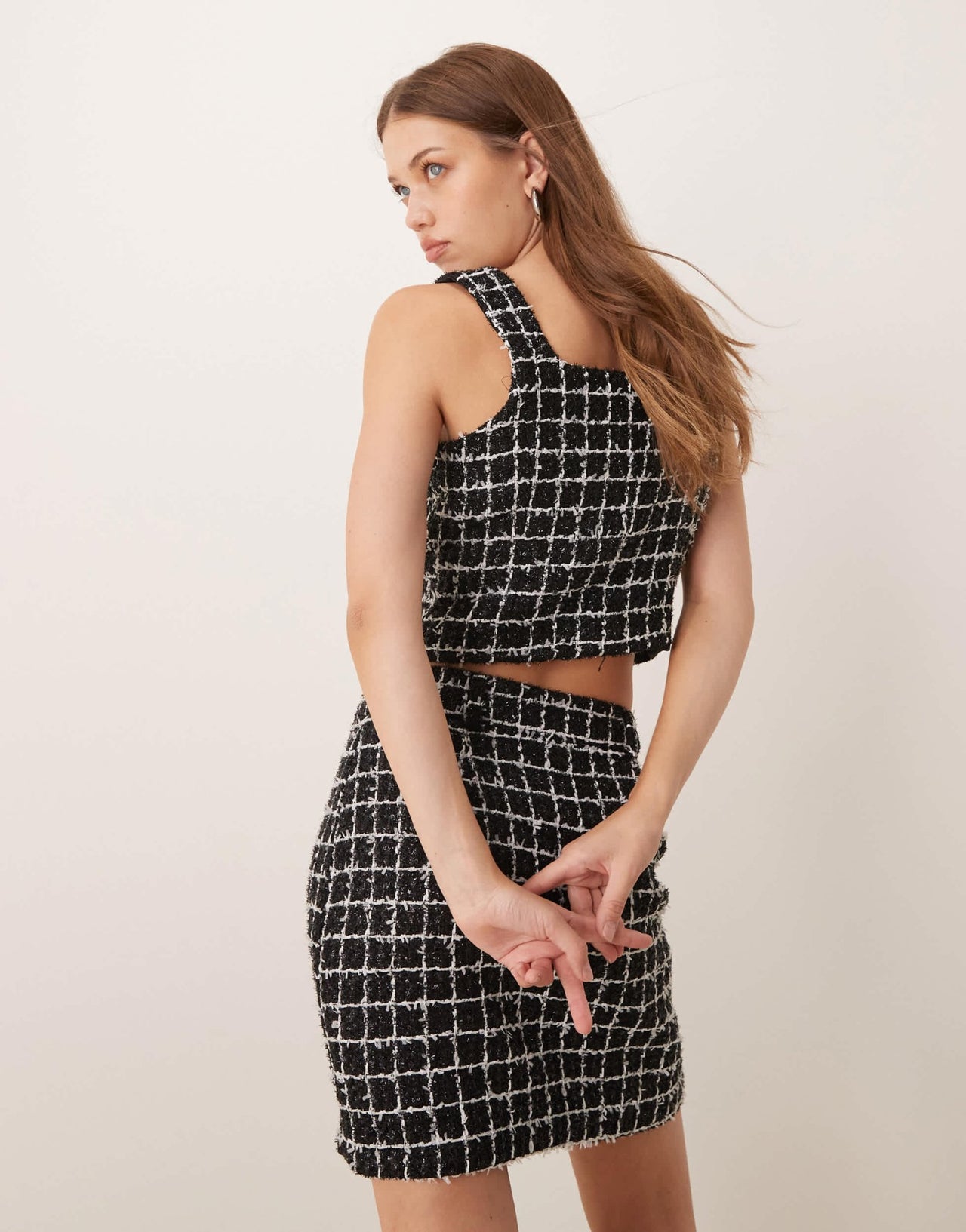 YAS boucle top co - ord with button front in mono check - ASOS Sample Sale