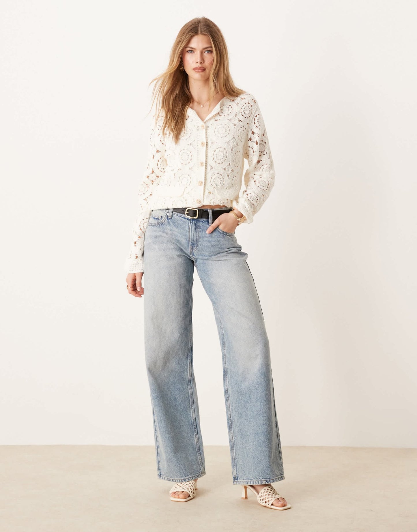 YAS circle crochet knit cardigan with gold button detail in cream - ASOS Sample Sale