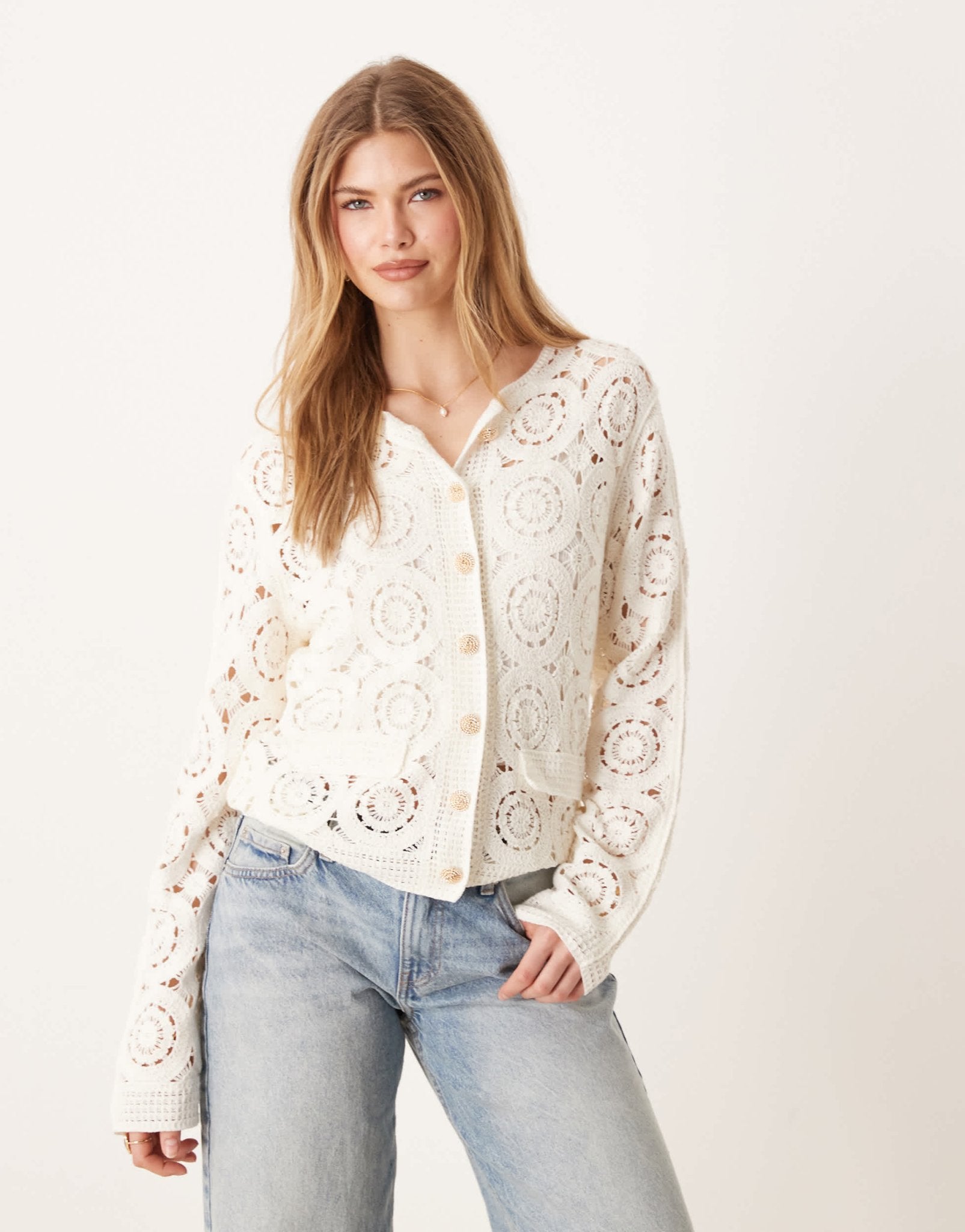 YAS circle crochet knit cardigan with gold button detail in cream - ASOS Sample Sale