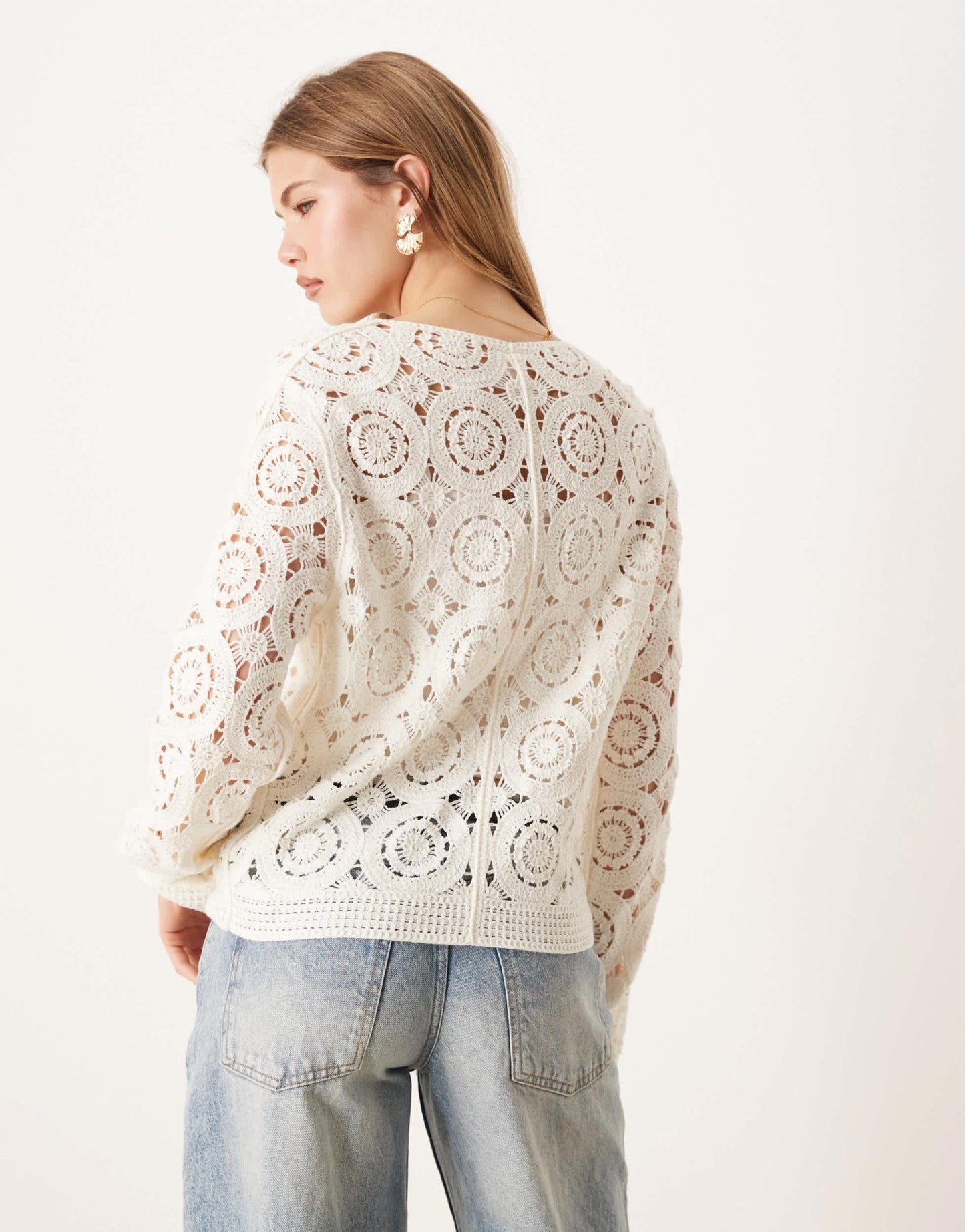 YAS circle crochet knit cardigan with gold button detail in cream - ASOS Sample Sale