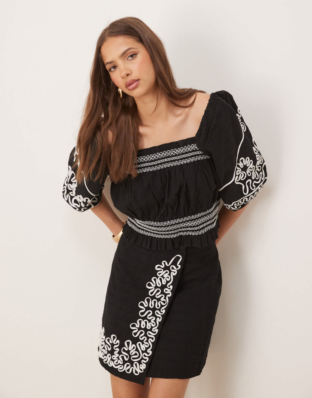 YAS contrast cornelli embroidered puff sleeve crop top co-ord in black - ASOS Sample Sale