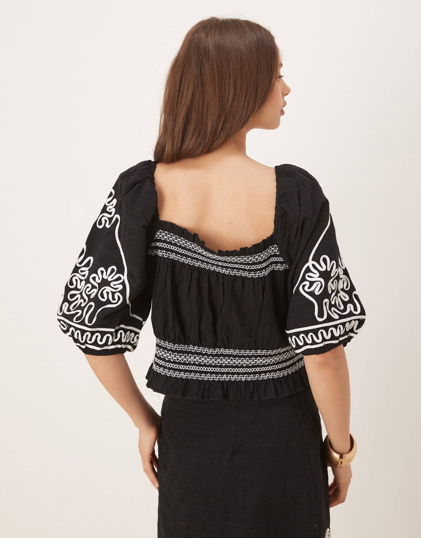 YAS contrast cornelli embroidered puff sleeve crop top co-ord in black - ASOS Sample Sale