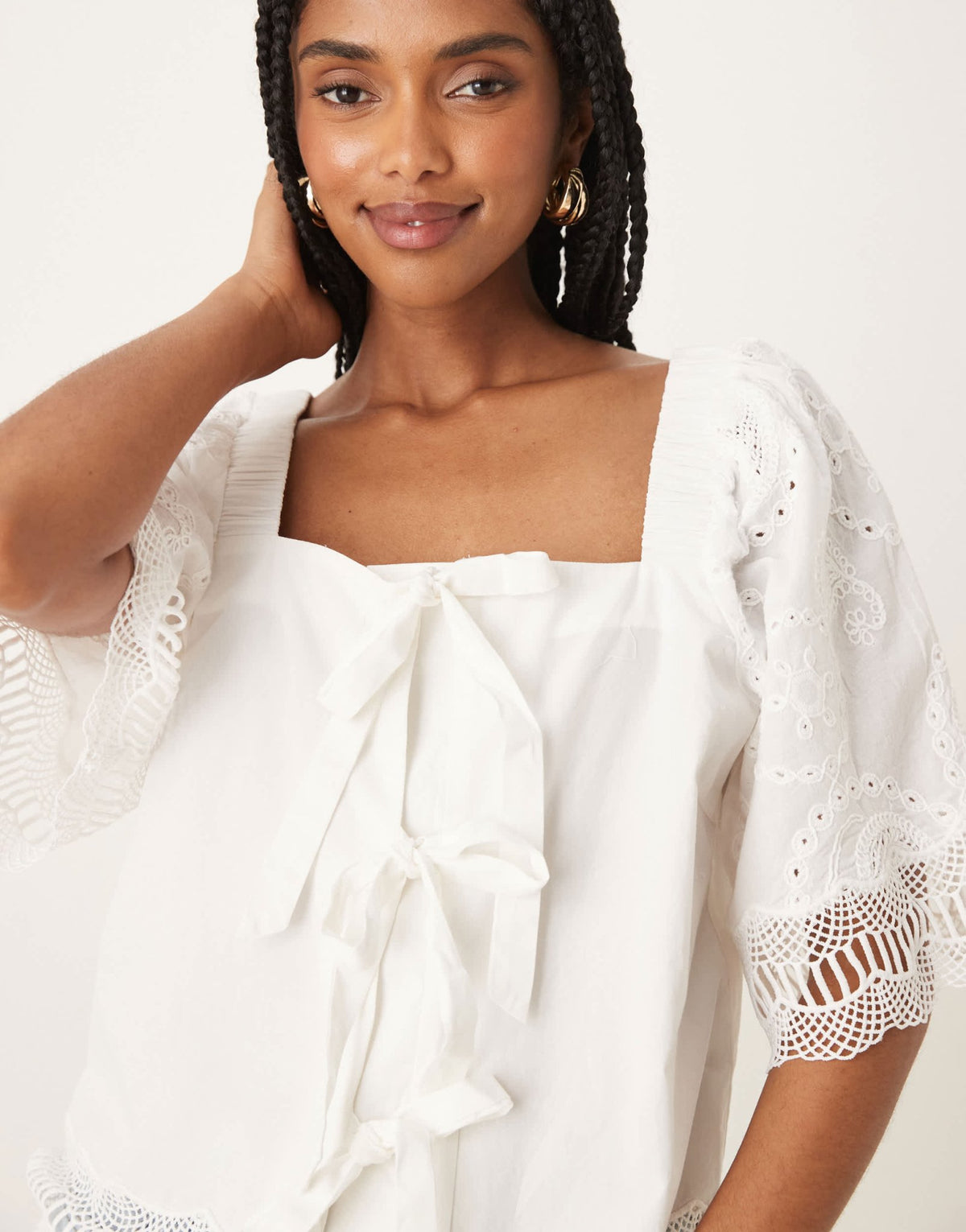 YAS crochet trim tie front square neck blouse in white - ASOS Sample Sale