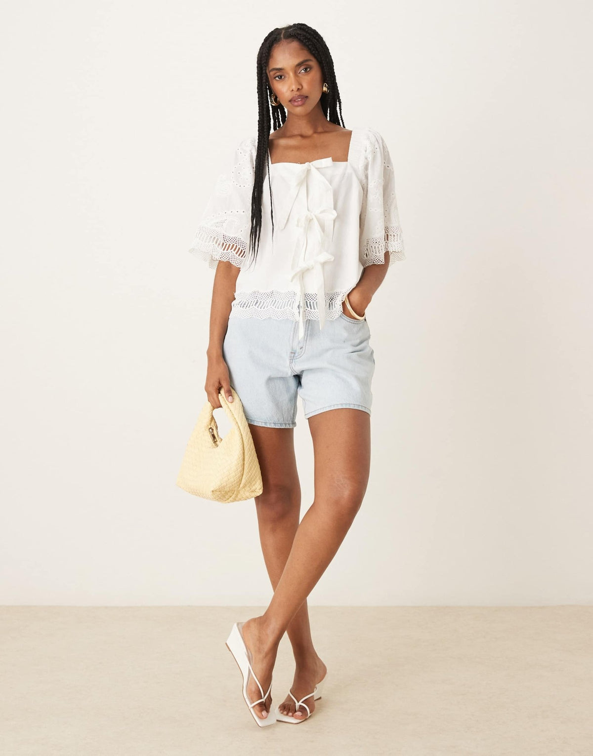 YAS crochet trim tie front square neck blouse in white - ASOS Sample Sale