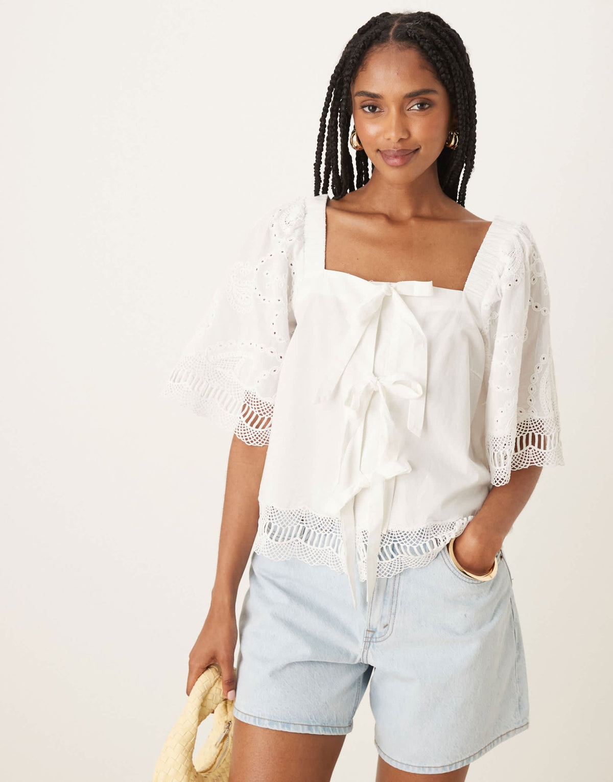 YAS crochet trim tie front square neck blouse in white - ASOS Sample Sale
