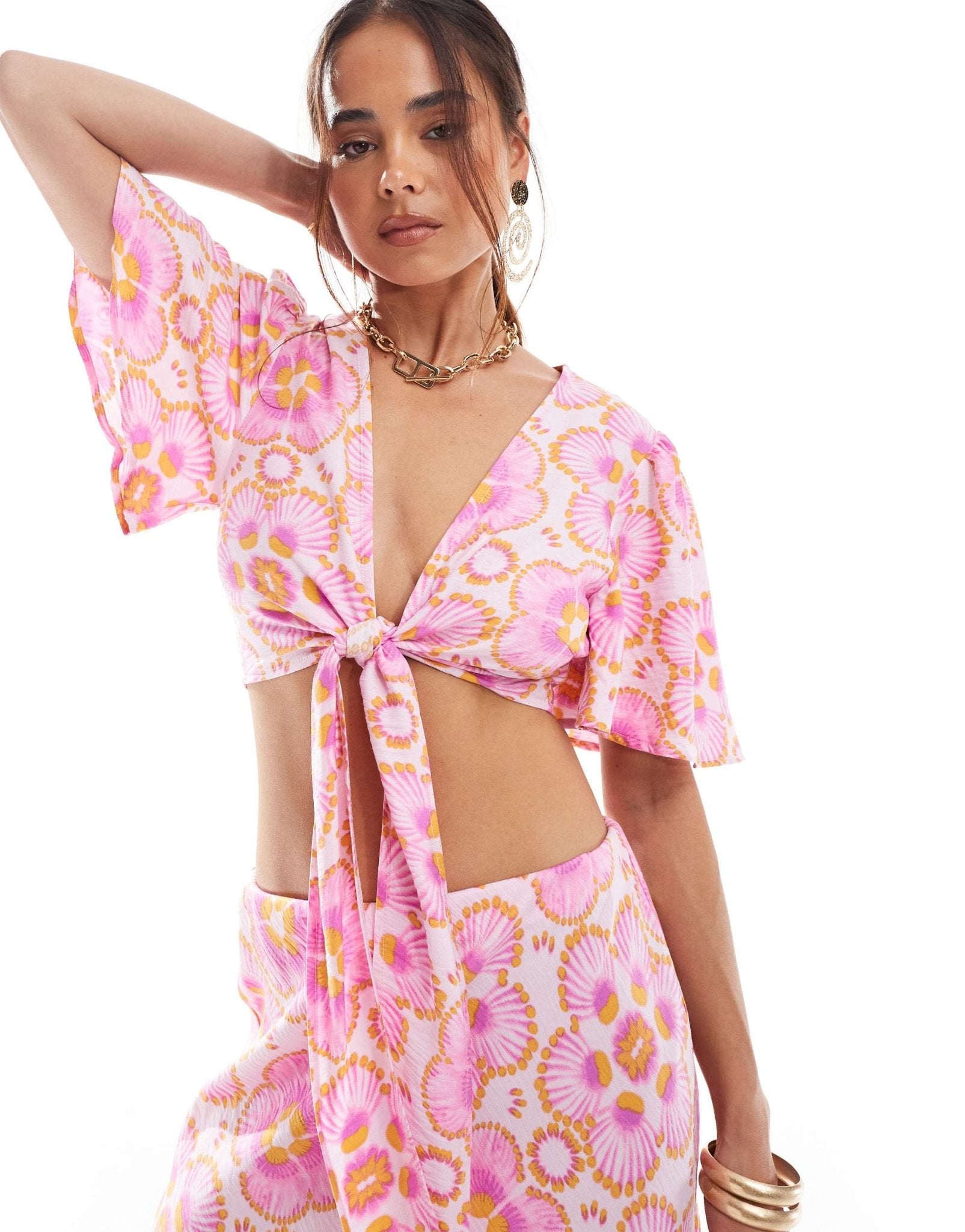 Y.A.S cropped tie front top co - ord in pink floral - ASOS Sample Sale