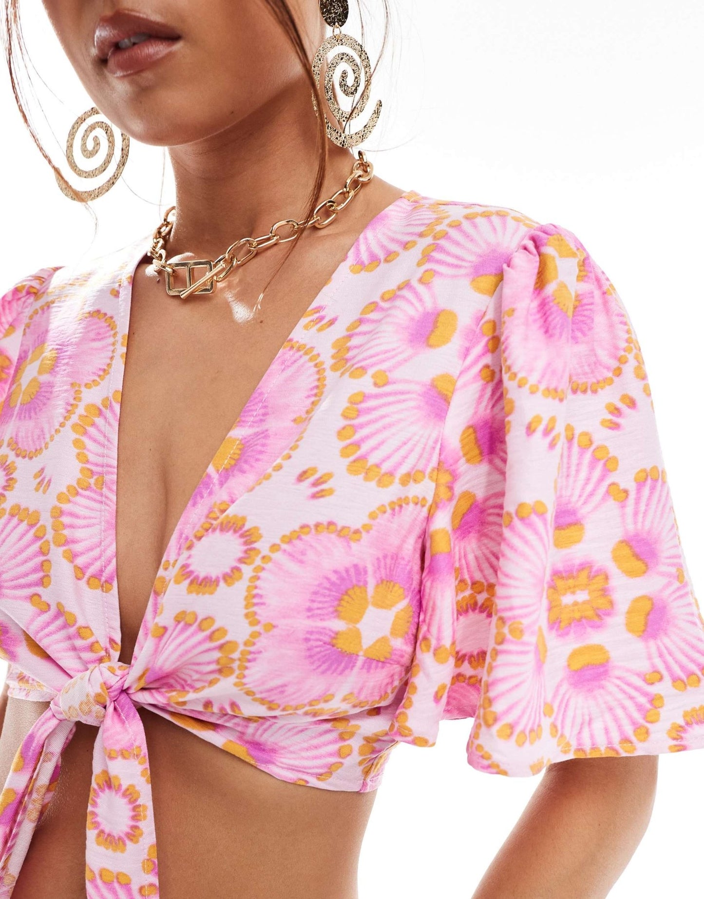 Y.A.S cropped tie front top co - ord in pink floral - ASOS Sample Sale