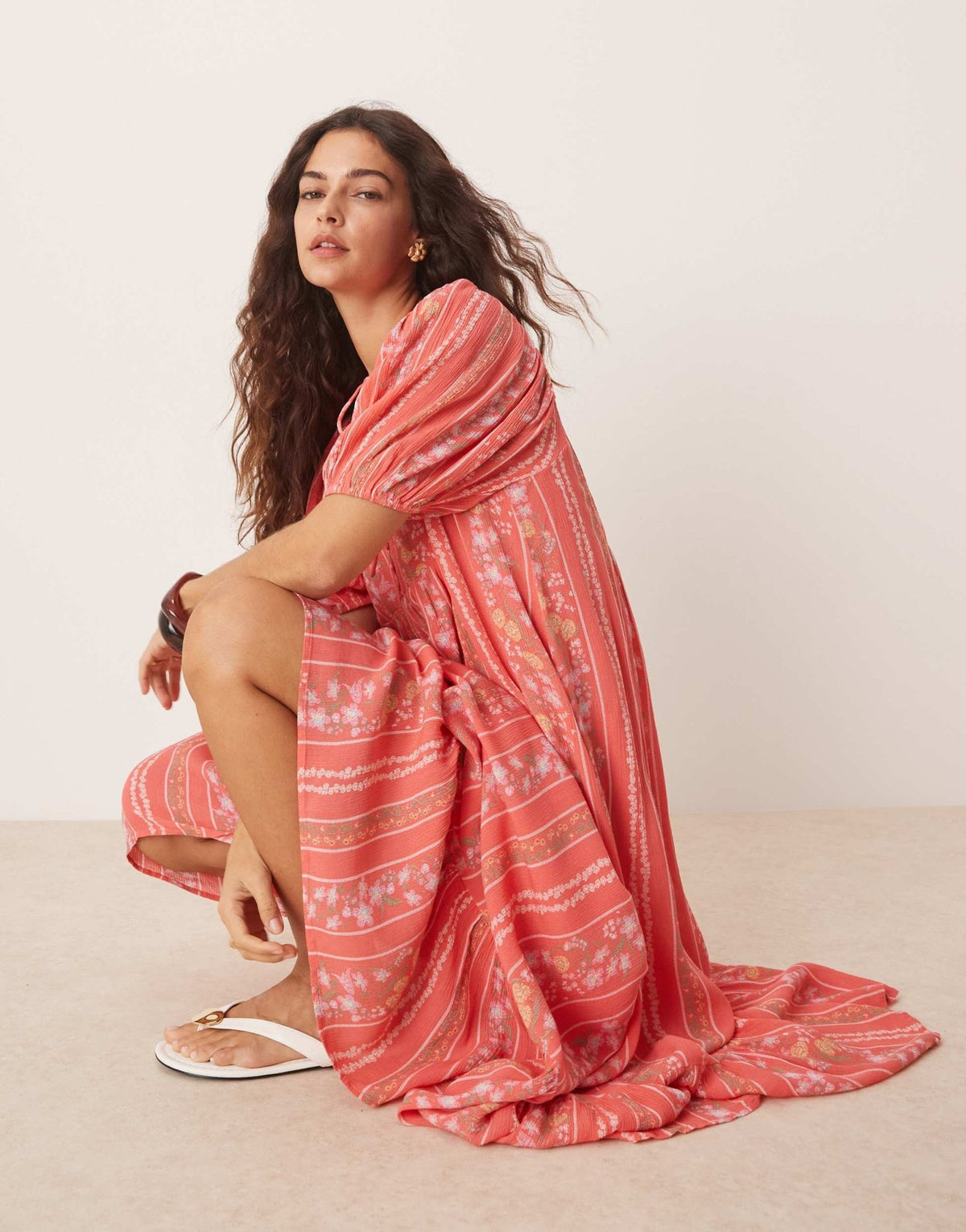 YAS Festival boho style puff sleeve maxi dress with button front detail in coral floral stripe - ASOS Sample Sale
